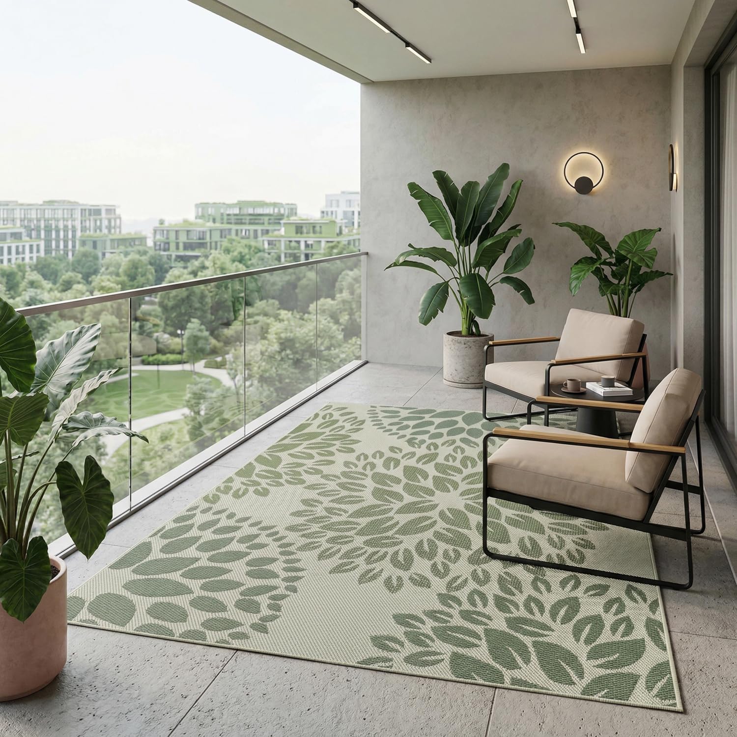 VIMODA In- und Outdoor Flachgewebe Terrassen & Balkon Garten Küche, Teppich Blumen Design Grün Waschbar,Maße:80x150 cm