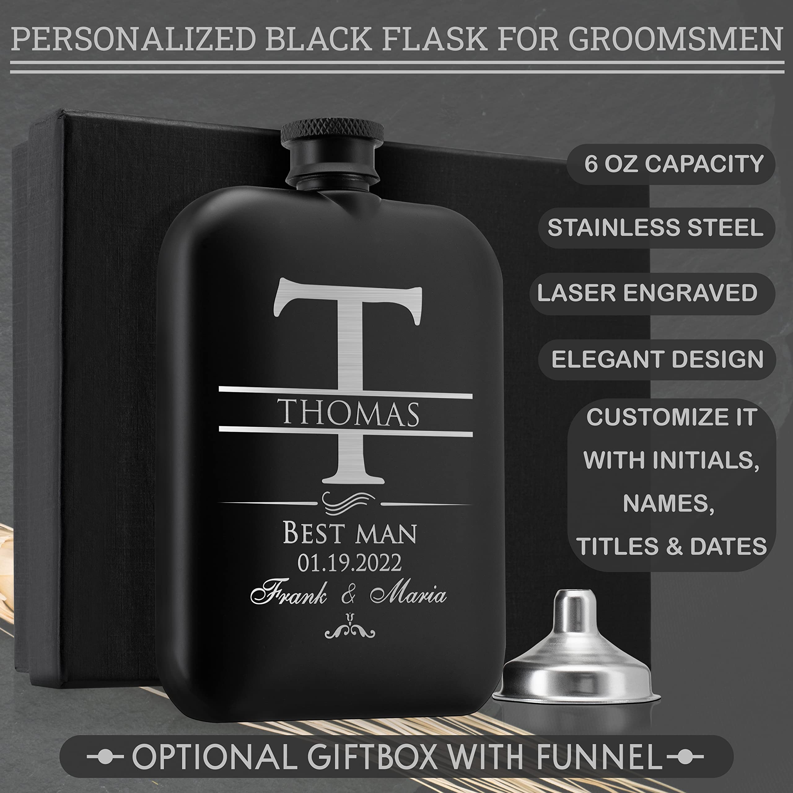 Groomsmen Gifts, Personalized Flask w/Name, Title, Date, Engraved 6oz Stainless Steel Hip Flask with Gift Box, Custom Groomsmen Gifts for Wedding, Bachelor Party Favors