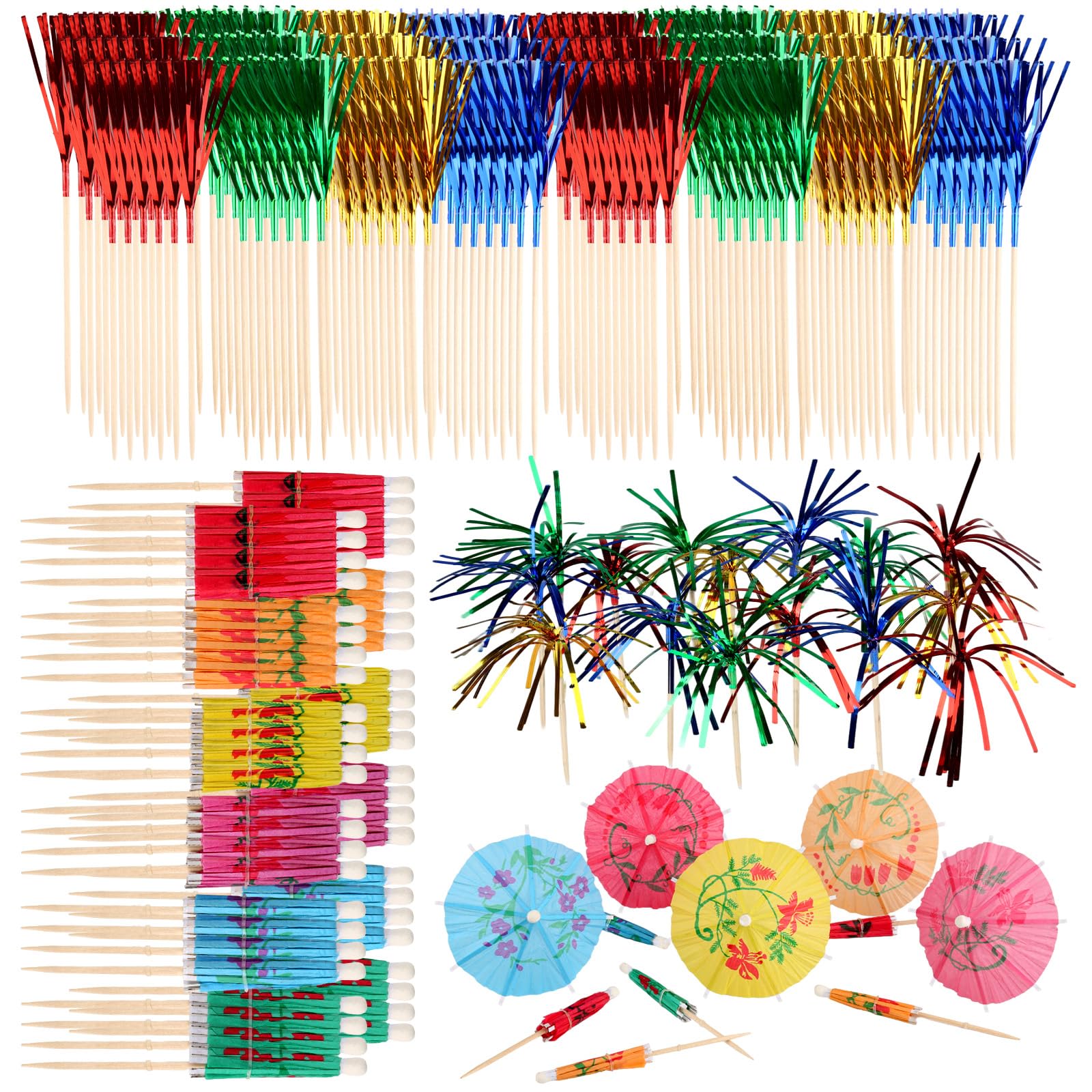 200 Piezas Decoración de Cóctel, contiene 150 Piezas Palillos de Cócteles de Fuegos Artificiales, 50 Piezas Paraguas de Cóctel, para Cumpleaños Boda Fiesta Bebidas, Tartas y Frutas