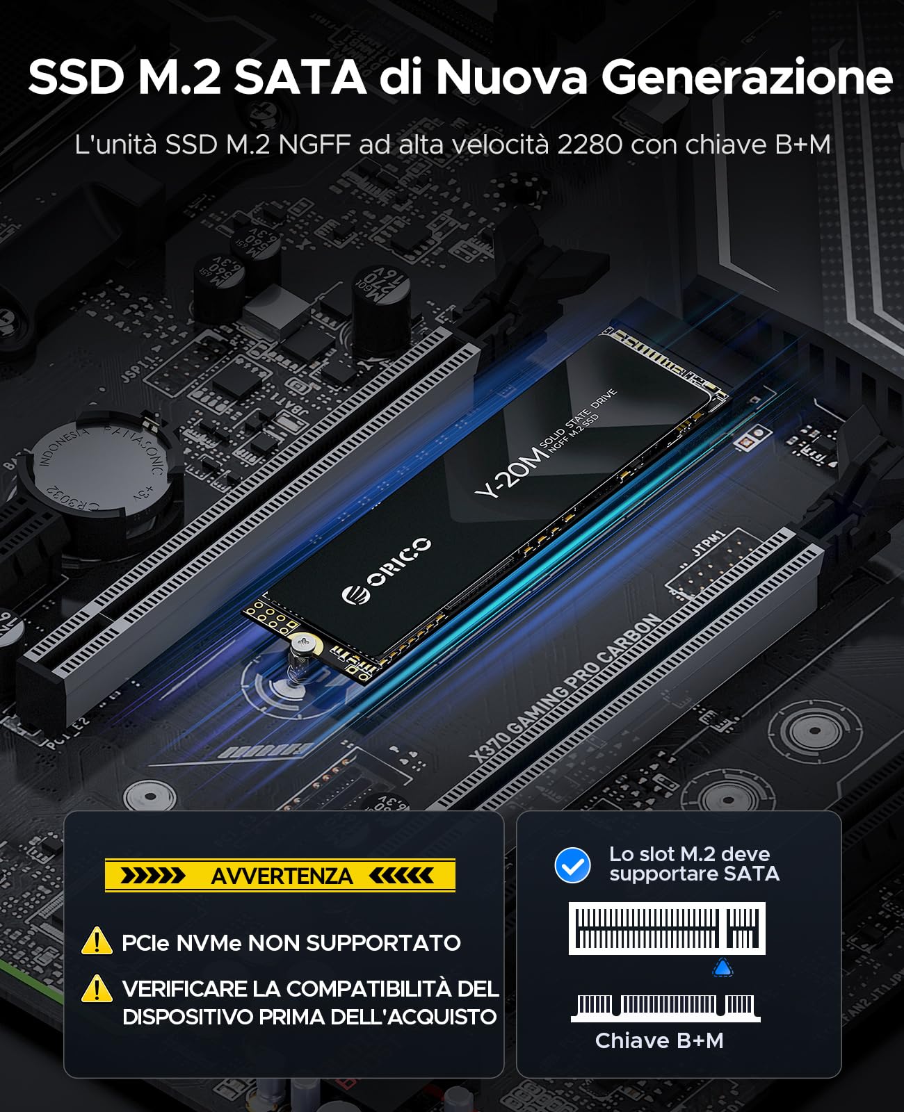 ORICO 512GB M.2 2280 SATA SSD, SATA III 6Gbps SSD M2 con Chiave B+M, 500 MB/s Unità a Stato Solido Interna per Desktop/Portatili - Y20M