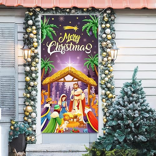 Miniatura 4 de DPKOW Cubierta de puerta de belén de Navidad, pancarta de puerta de belén de Navidad, estrellas nocturnas, decoración de fiesta de natividad para