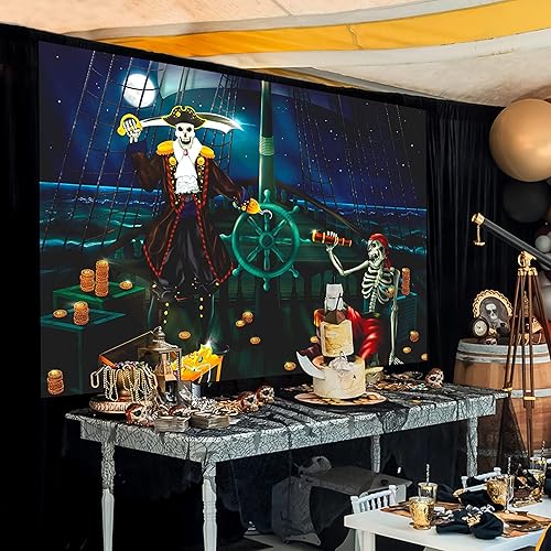 Miniatura 6 de Telón de fondo de fiesta de pirata de tela para decoración de fiesta de Halloween, cumpleaños de niños, fondo colgante para temática de pirata,