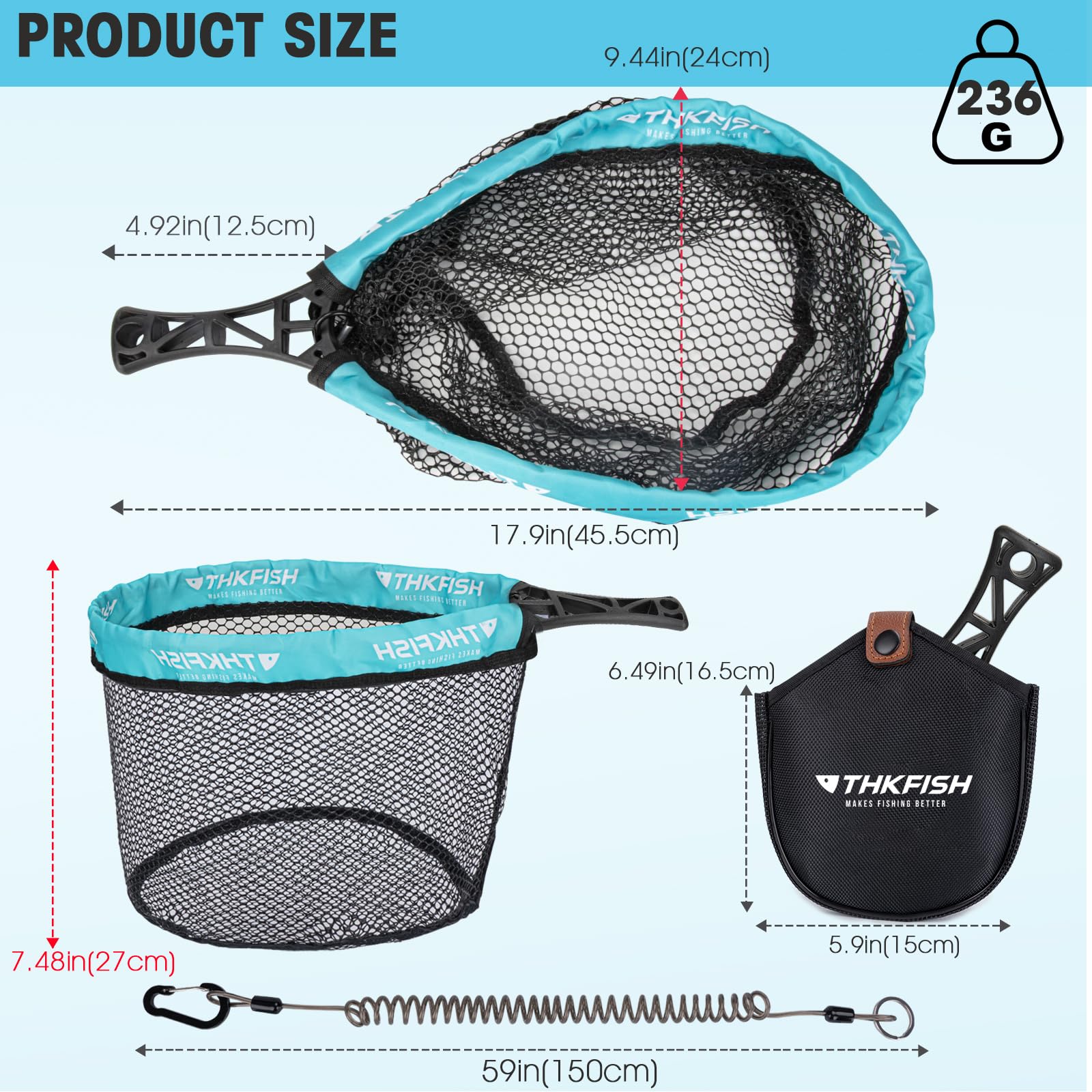 THKFISH Red de aterrizaje para pesca con mosca, red de pesca plegable con mango de ABS, red de trout de malla recubierta de goma con bolsa de aparejo para la captura y liberación del bajo de la trucha