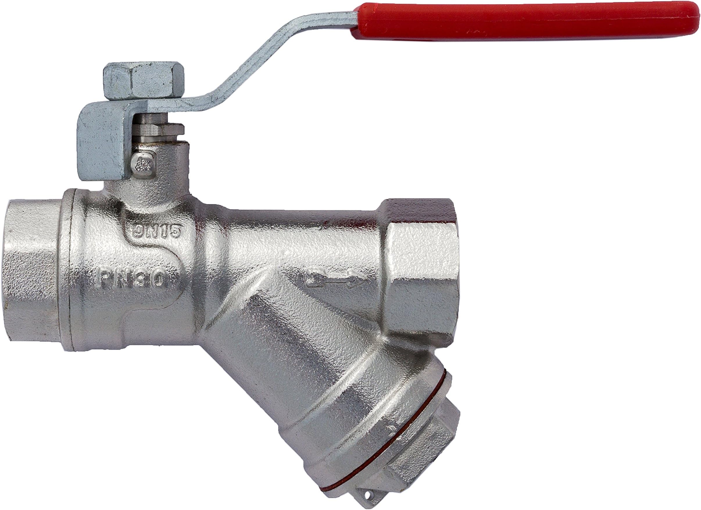 HYDROBIL Water Pipe Ball Valve Connector with Mesh Strainer, 1/2" BSP Female to Female - Nickeled Brass, Temp. Range -20°C to 150°C, Max. Pressure 30 Bar, Red Stainless Steel Lever, PTFE Sealed Ball