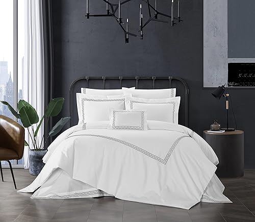 Chic Home Crete - Juego de edredón de algodón de 4 piezas, color blanco sólido con borde bordado de doble raya, detalles en zigzag, ropa de cama de disponible en Yaxa Colombia
