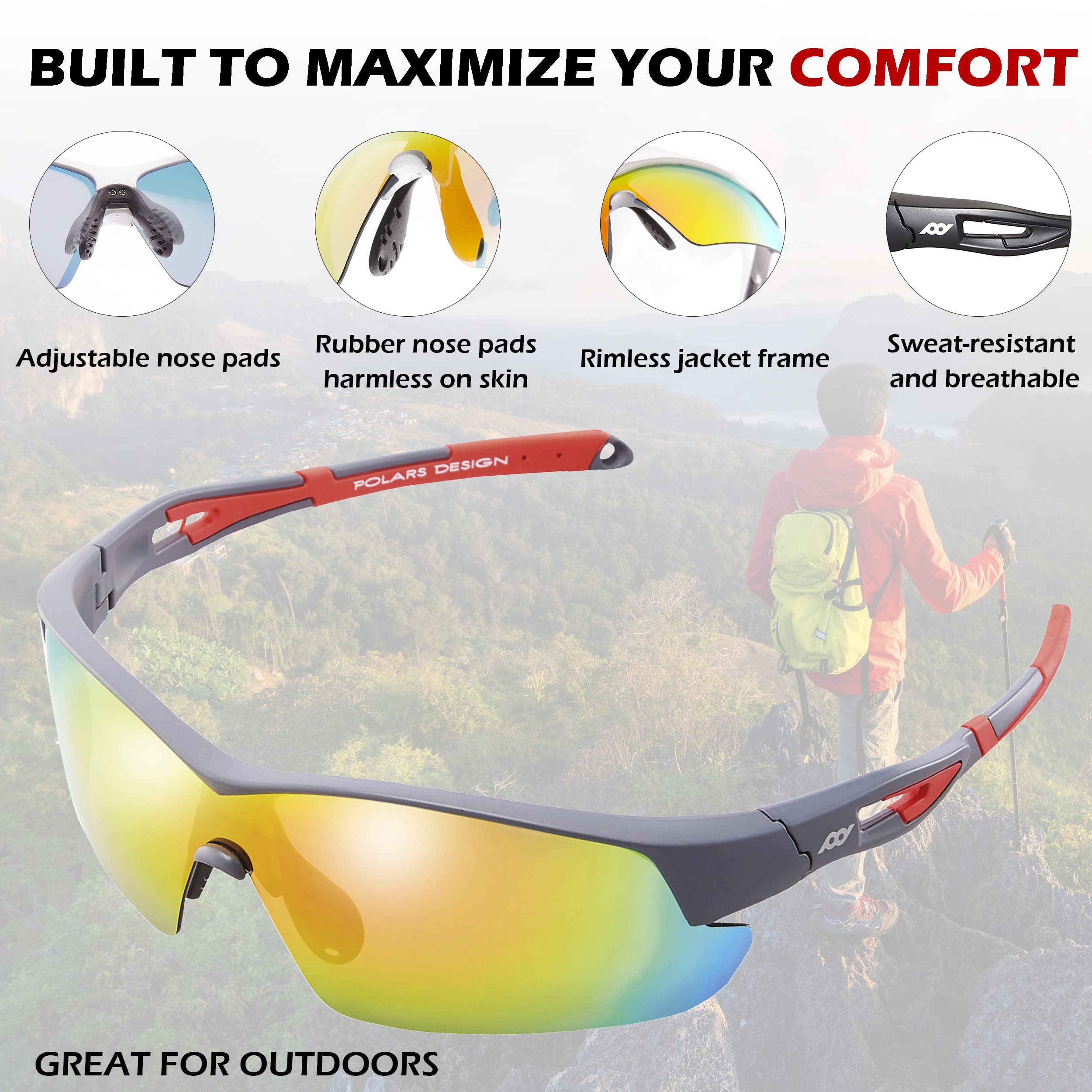 POLARS DESIGN, Polarisierte Sport-Sonnenbrille für Herren und Damen, leicht, UV-Schutz, TR90-Rahmen, blendfrei, zum Angeln, Radfahren, Fahren, Laufen, Wandern, Baseball, Golf