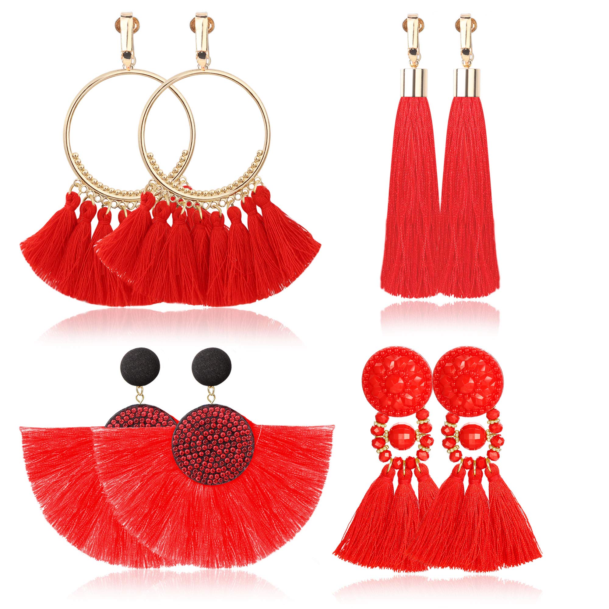 Udalyn4 Pairs Tassel Earrings for Women Dangle Clip On Earrings Colorful Bohemian Tassel Earrings Statement Earrings Handmade Jewelry Non Piercing Earrings for Sensitive Ears