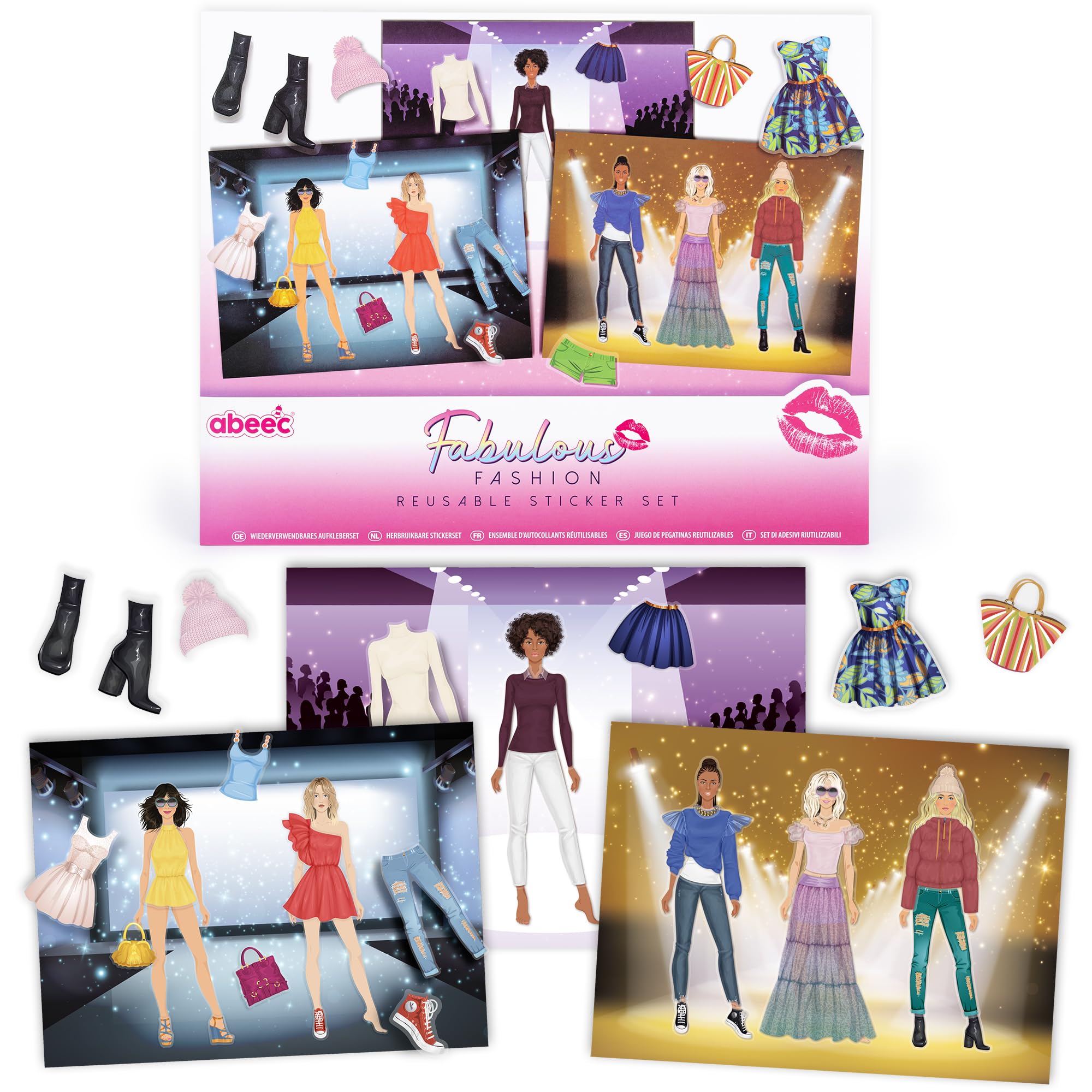 abeec Fashion Reusable Sticker Set | 4 Reusable Sticker Sheets | 3 Fashion-Themed Sticker Scenes | Dress-Up Sticker Kit | Creative Play for Girls | Portable Activity Set