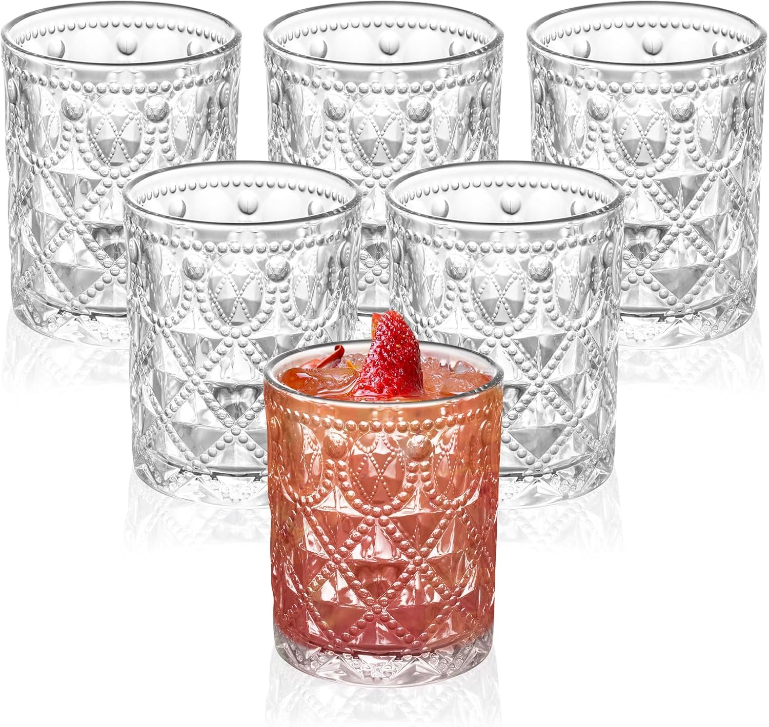 Vintage Diamond-Pattern Drinking Glasses Set of 6 – 12 oz Clear Short Glass Cups – Embossed Retro Glassware for Water, Cocktails, Whiskey, Juice – Thick Clear Glass, Dishwasher Safe