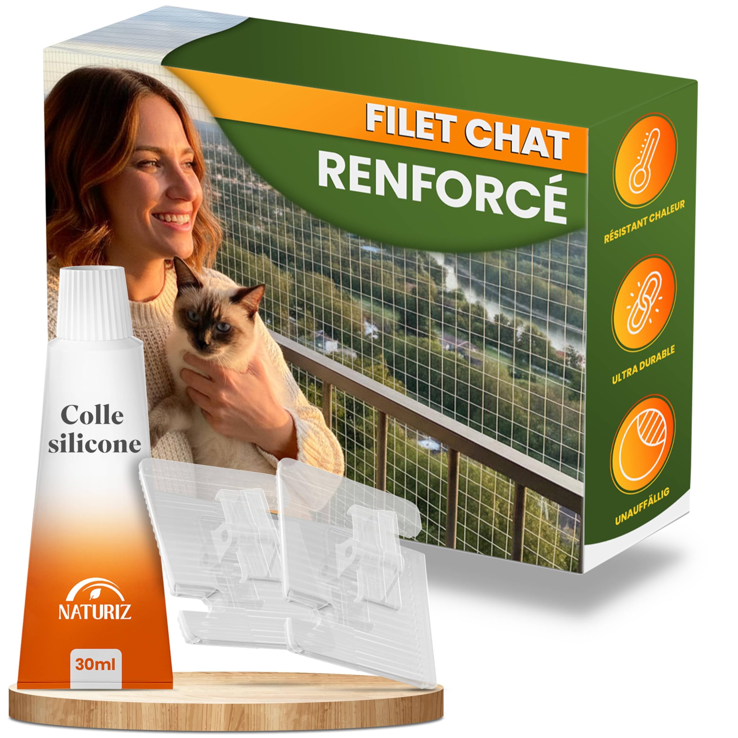 Naturiz Filet de protection pour chat balcon 3 x 8 m renforcé fil de fer transparent blanc crochet adhésif