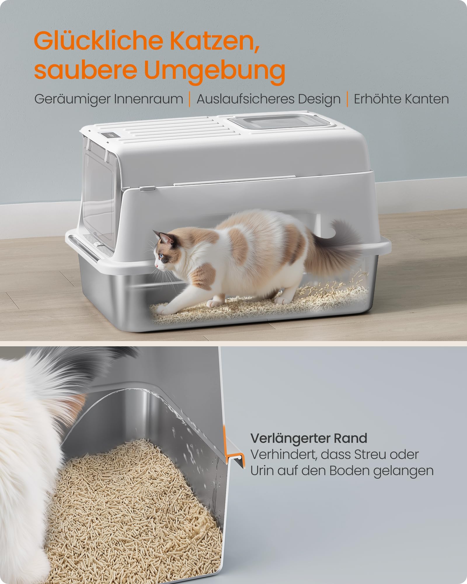 Feandrea Katzenklo Edelstahl, Katzentoilette mit Deckel, mit Schaufel, Katzenstreumatte und 2 Eingängen, für Katzen bis 15 kg, hellgrau PPT007GD01