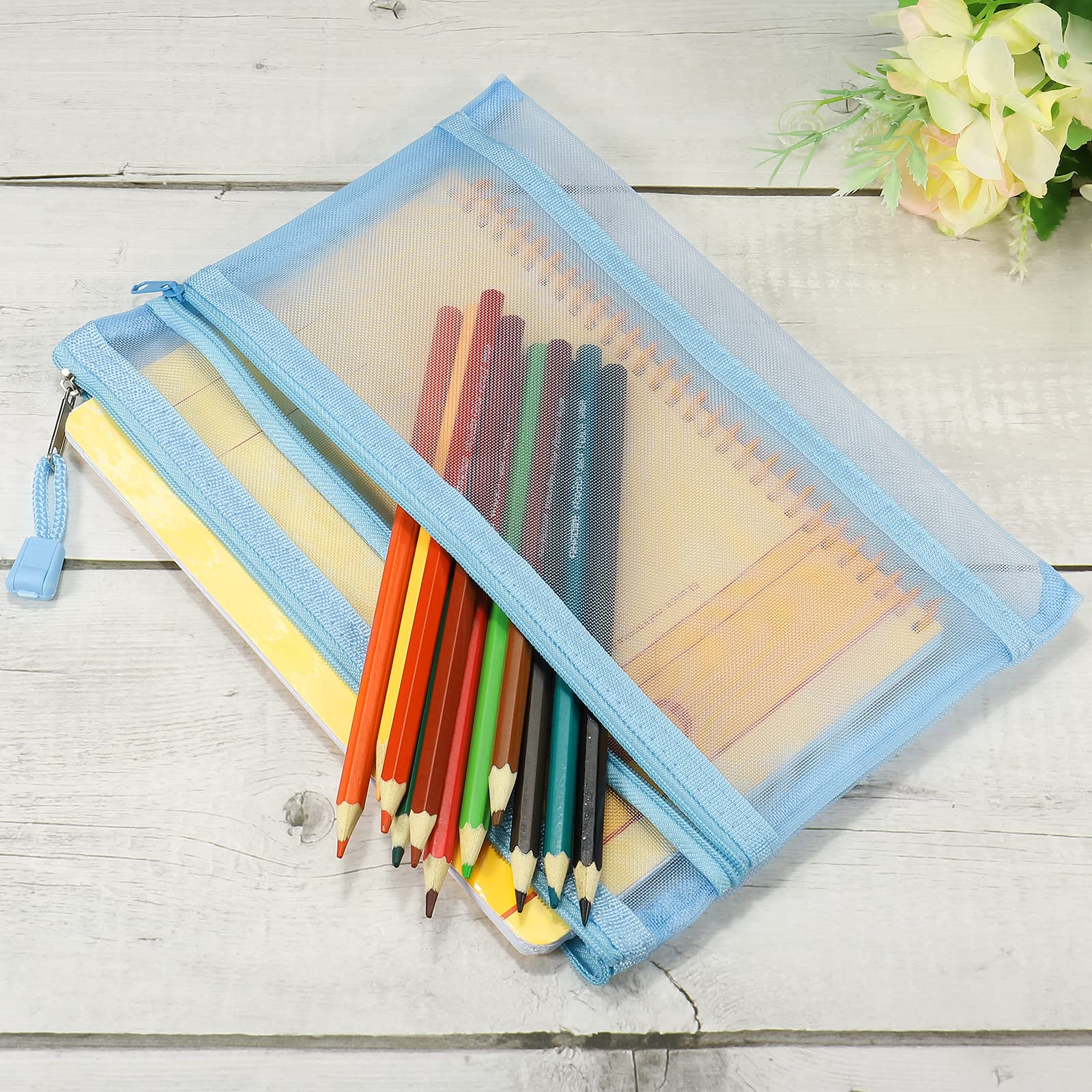 MECCANIXITY Lot de 6 pochettes en maille à fermeture éclair, en nylon A5, double couche, pochettes de rangement pour accessoires de bureau de voyage, bleu