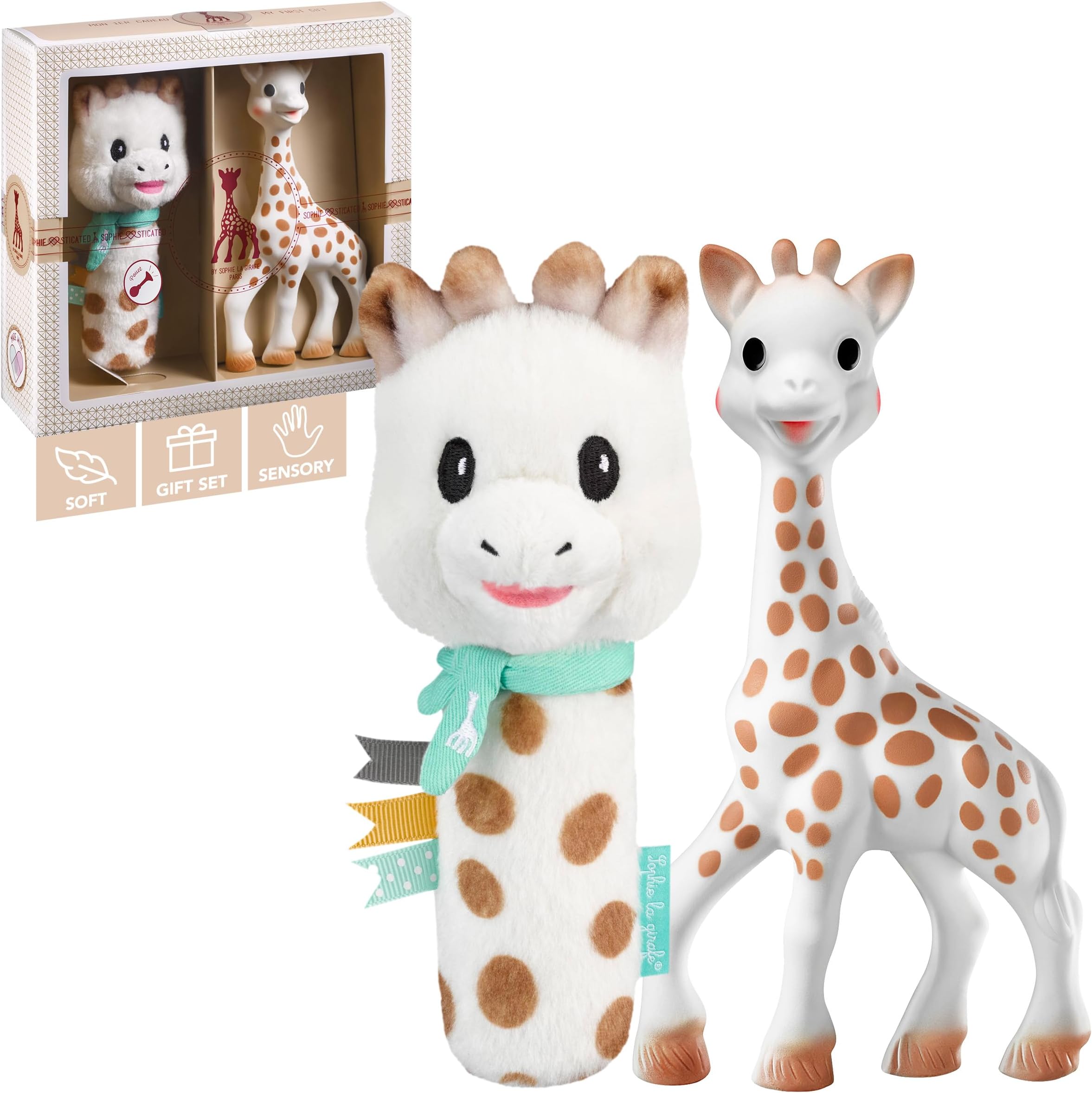 Original Teether with Soft Rattle, 100% Natural Rubber Baby Teething Toy, Gift Set with Gift Bag and Card