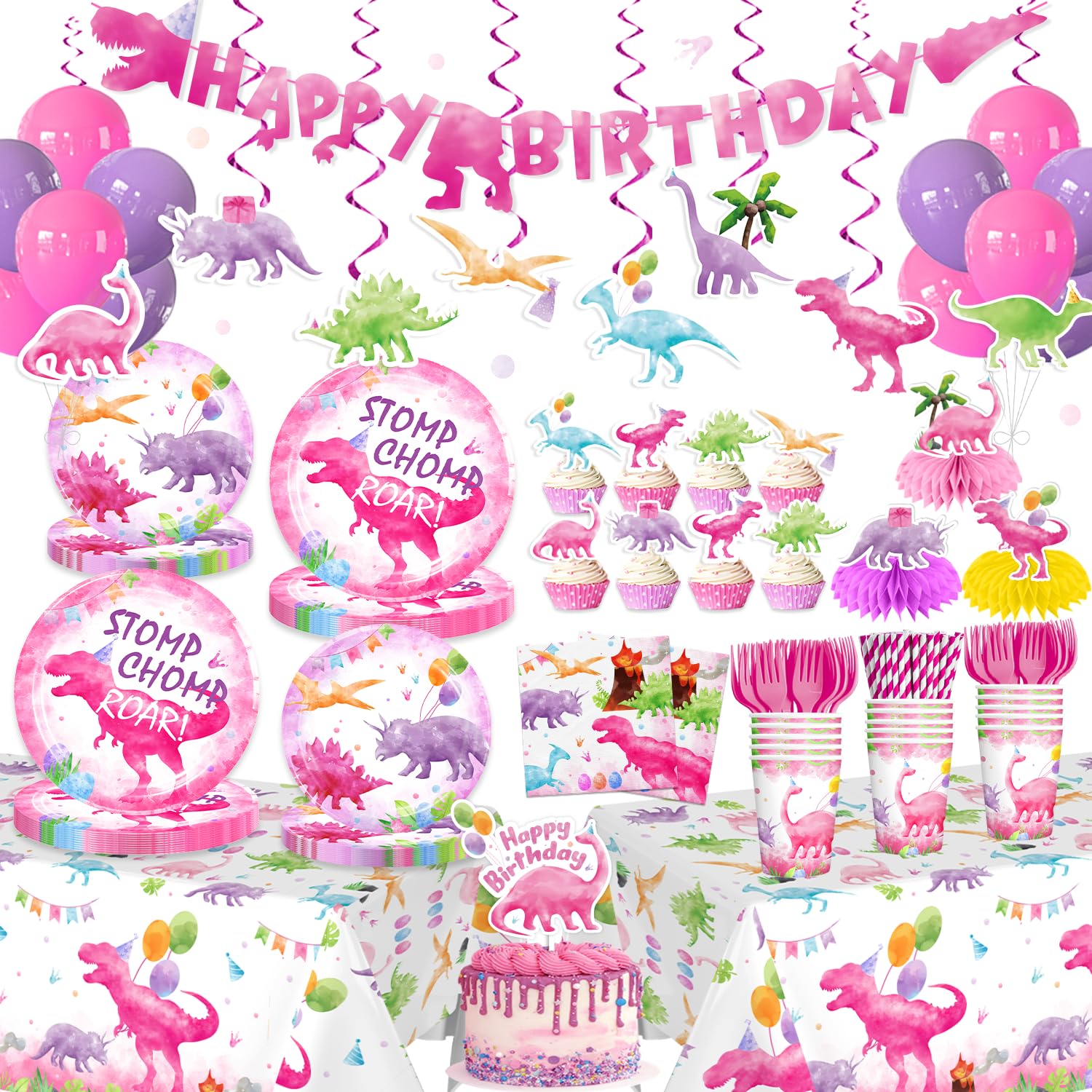 cocomigo 181pcs Pink Dinosaur Birthday Decorations Tableware Set, Watercolor Party Supplies with Banner Plates Cups Tablecloth for Girls Dinosaur