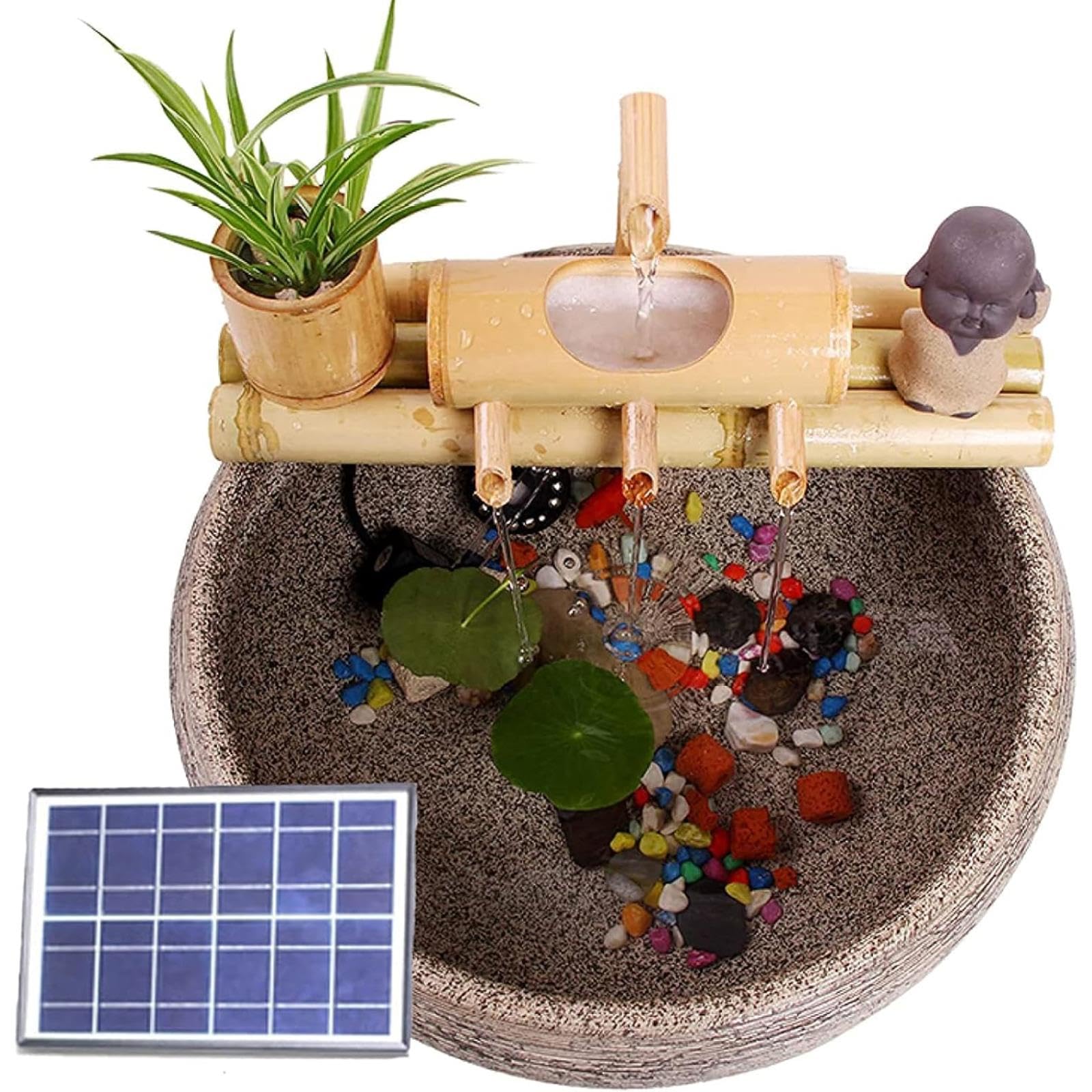 Solarna, bambusowa fontanna wodna z pompką, dekoracja Zen Feng Shui, funkcja płynącej wody, do ogrodu, na patio, podwórko, 25 cm
