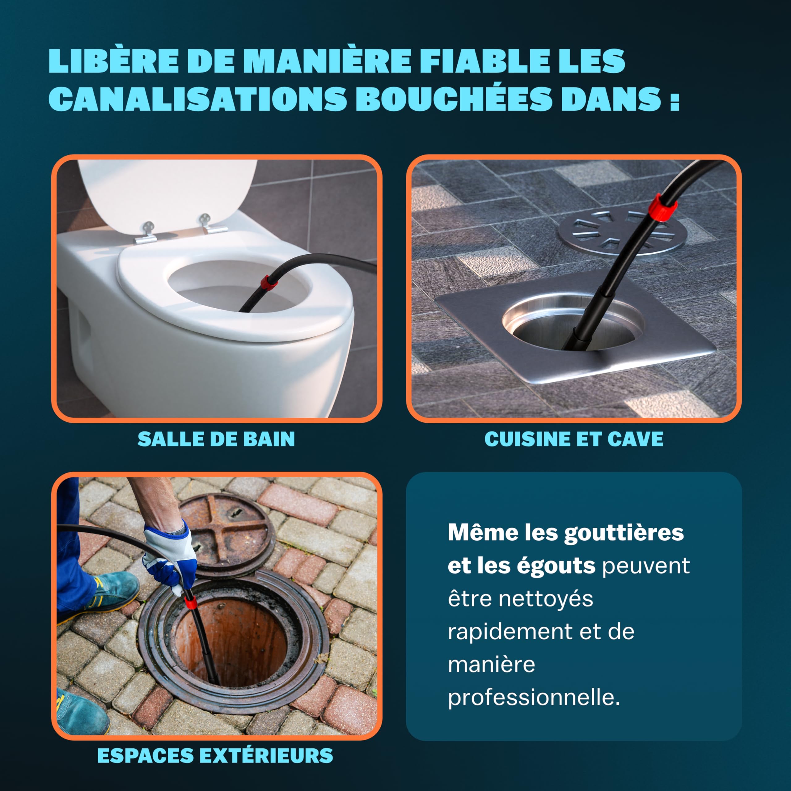 MONZANA® Tuyau déboucheur canalisation Premium 30m 200 bar 3 embouts 2 buses K2 K3 K4 K5 K6 K7 nettoyeur haute pression universel tuyau nettoyage furet