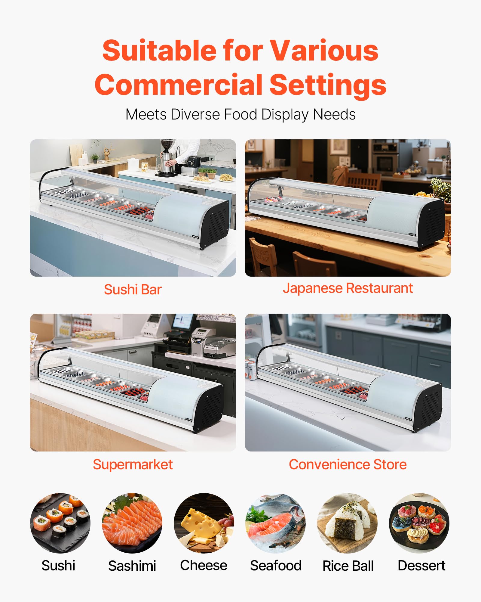 VEVOR Vetrina Refrigerata per Sushi Commerciale da 72 L, 7 Teglie con Vetro Curvo, Illuminazione a LED e Controllo Digitale della Temperatura, Frigorifero per Bancone Ristorante Negozio