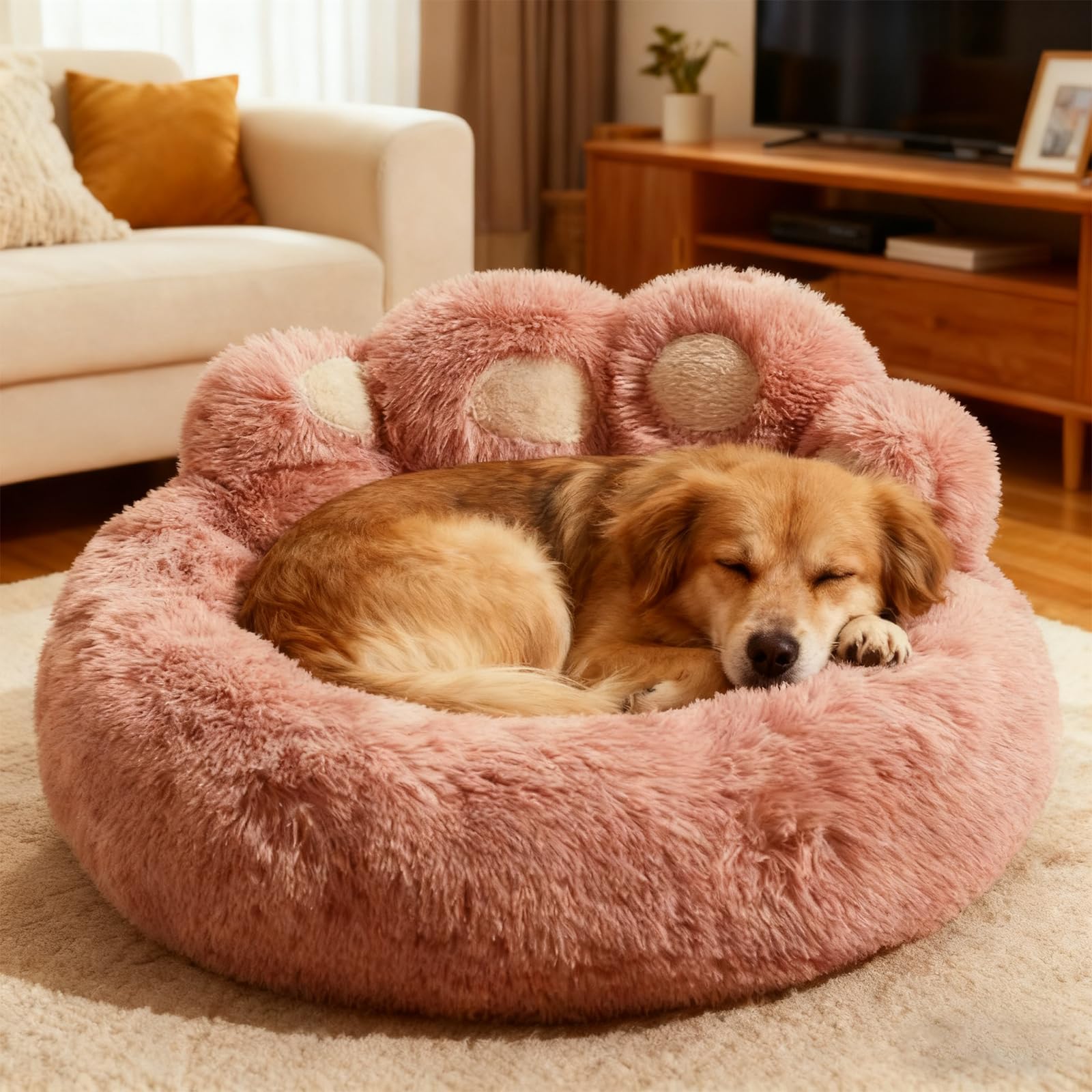 PETCUTE Cama Perro Mediano,Cómodo y Cálida,Colchon Perro Lavable con Fondo Antideslizante,Cama Ortopedica para Perros,Sofá para Perros con Forma de Pata de Oso,Rosa,2XL