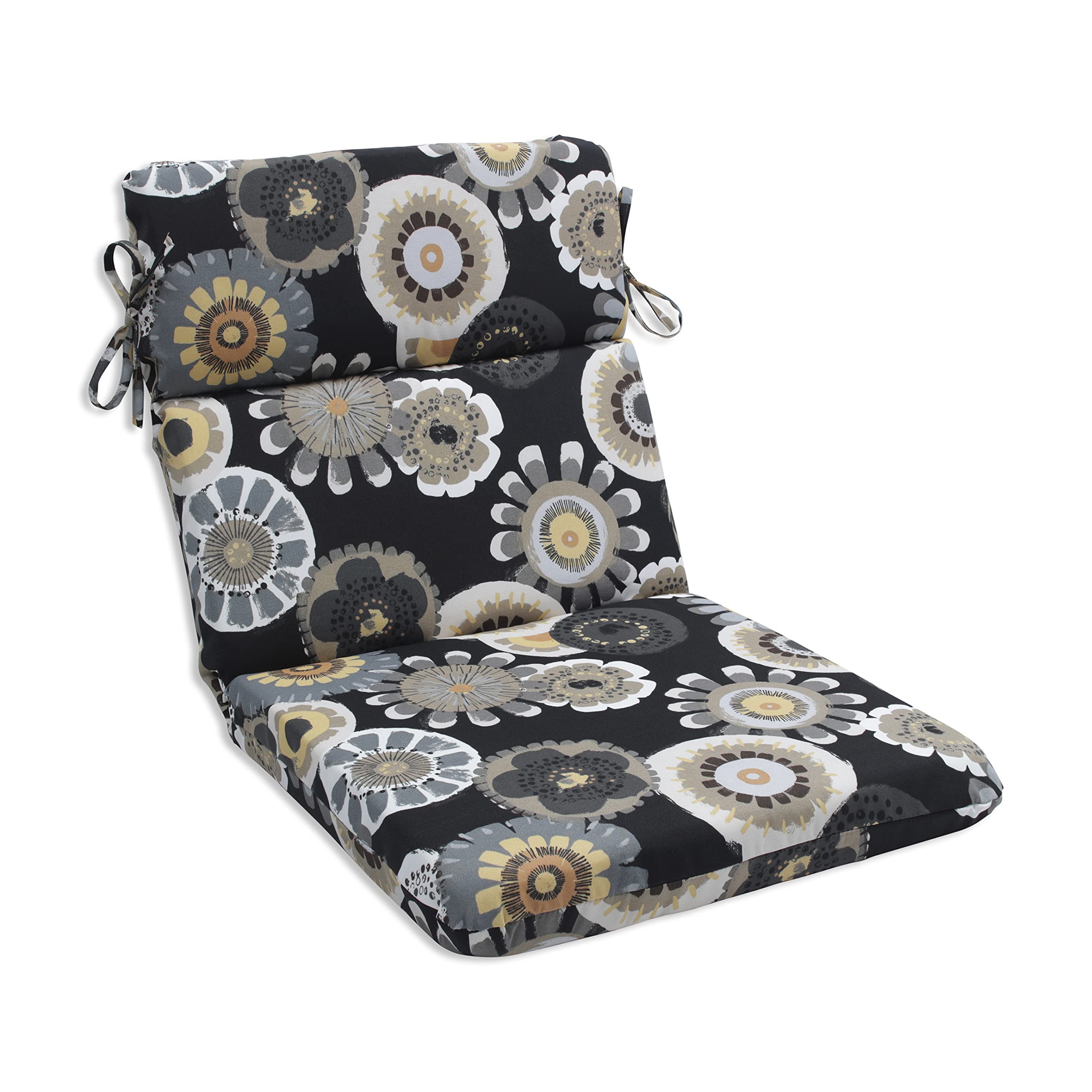 Pillow Perfect Outdoor/Indoor Crosby Ebony Round Corner Chair Cushion, 40.5" x 21", Black/Yellow