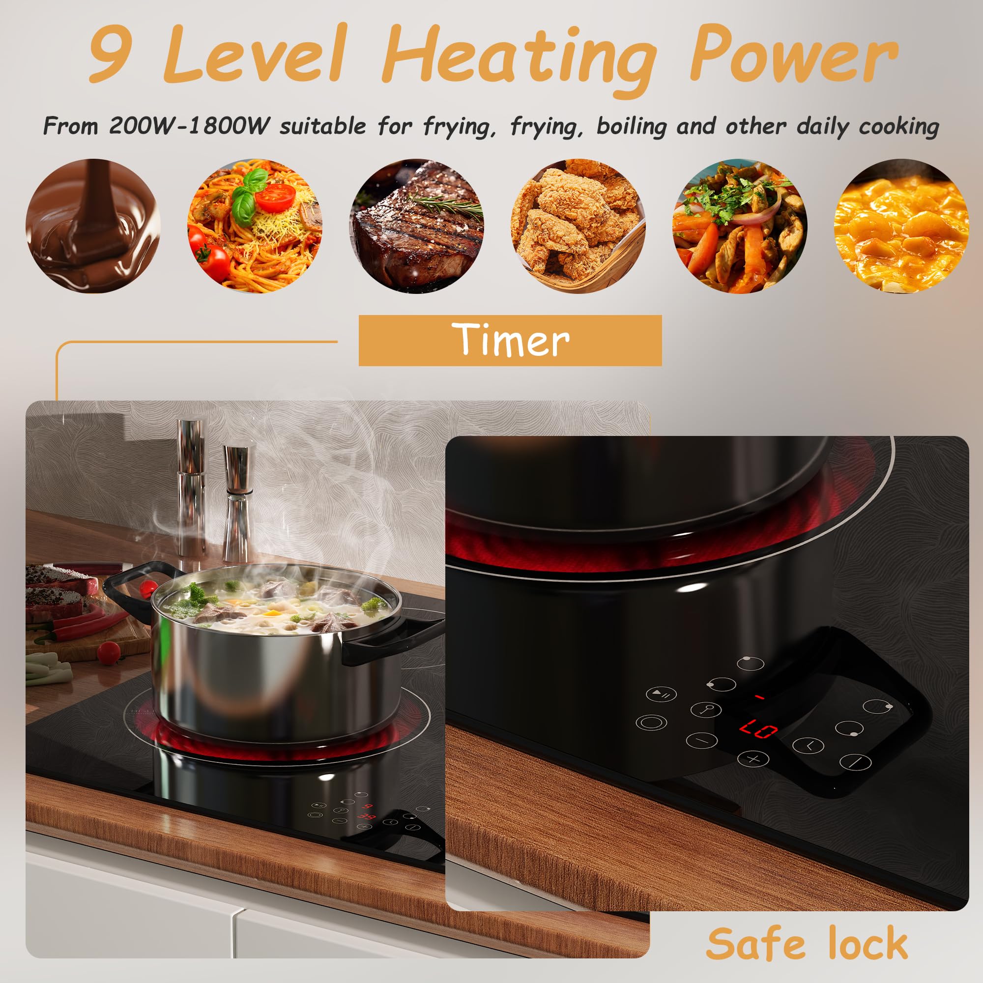 Karinear Ceramic Hob, Built-in Electric Hobs 59 cm with Oval Zone for Grill Pan Touch Control,Up to 99min Timer with Safe Lock,Pause, Heat Indicator Auto Shut-off Black Glass — view 4
