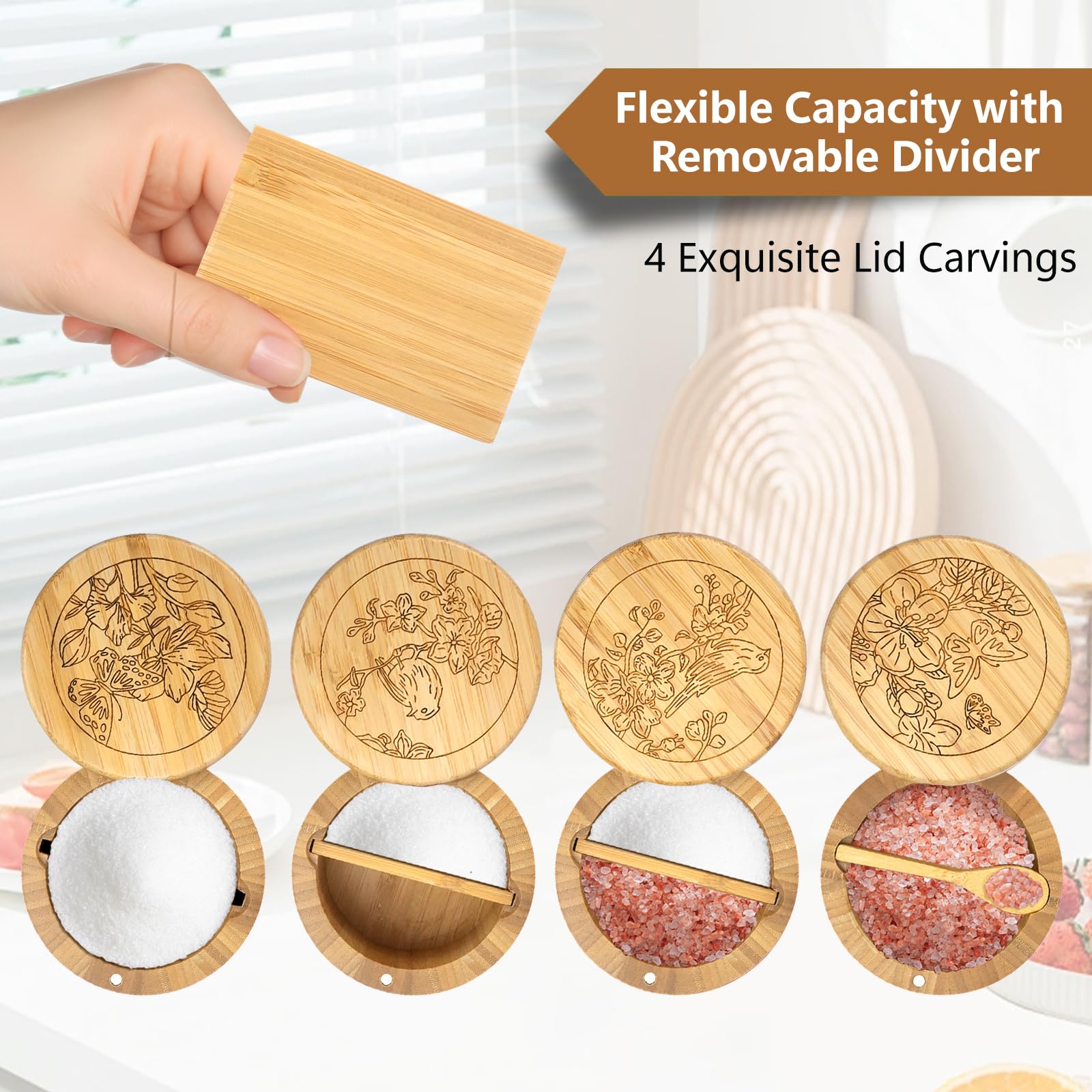 RETON Paquete de 4 cajas de sal de bambú con divisor, contenedor de especias de madera para especias y pimienta con tapa giratoria magnética y cuchara, tarros de madera para sal, pimienta, especias