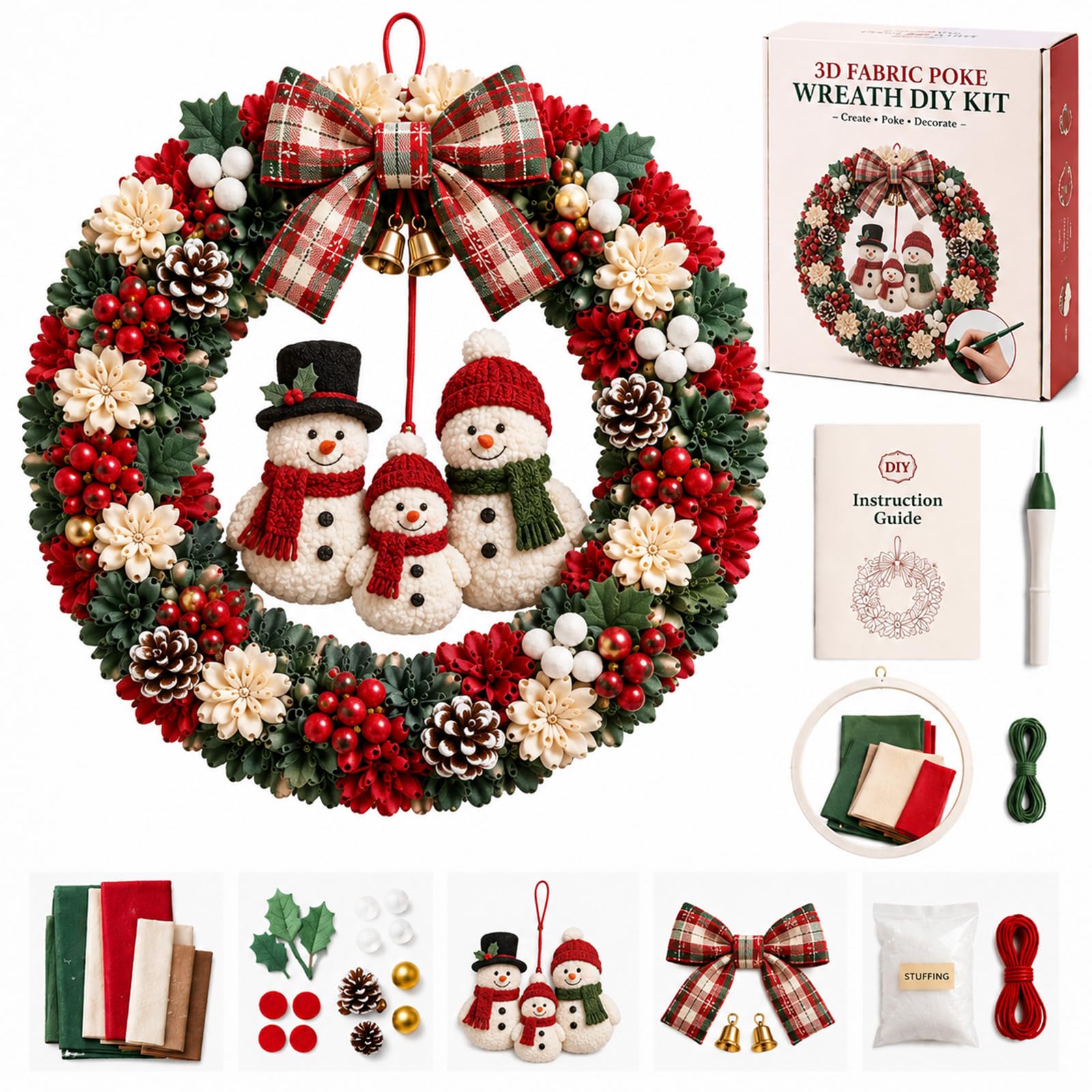 3D Fabric Poke Wreath DIY Kit, Christmas Wreath DIY Kit for Adults (L)