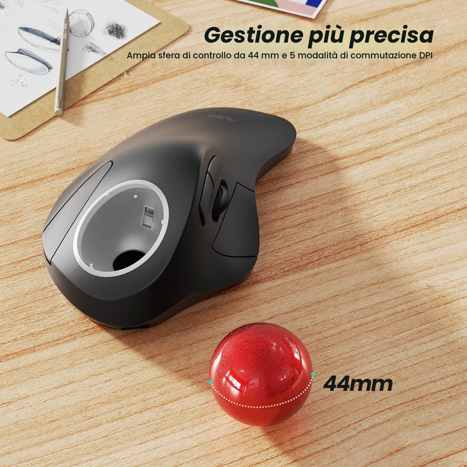 Nulea Mouse Trackball senza fili, mouse ergonomico ricaricabile, tracciamento preciso e fluido, connessione a 3 dispositivi (Bluetooth o USB), compatibile con PC, laptop, Mac, Windows