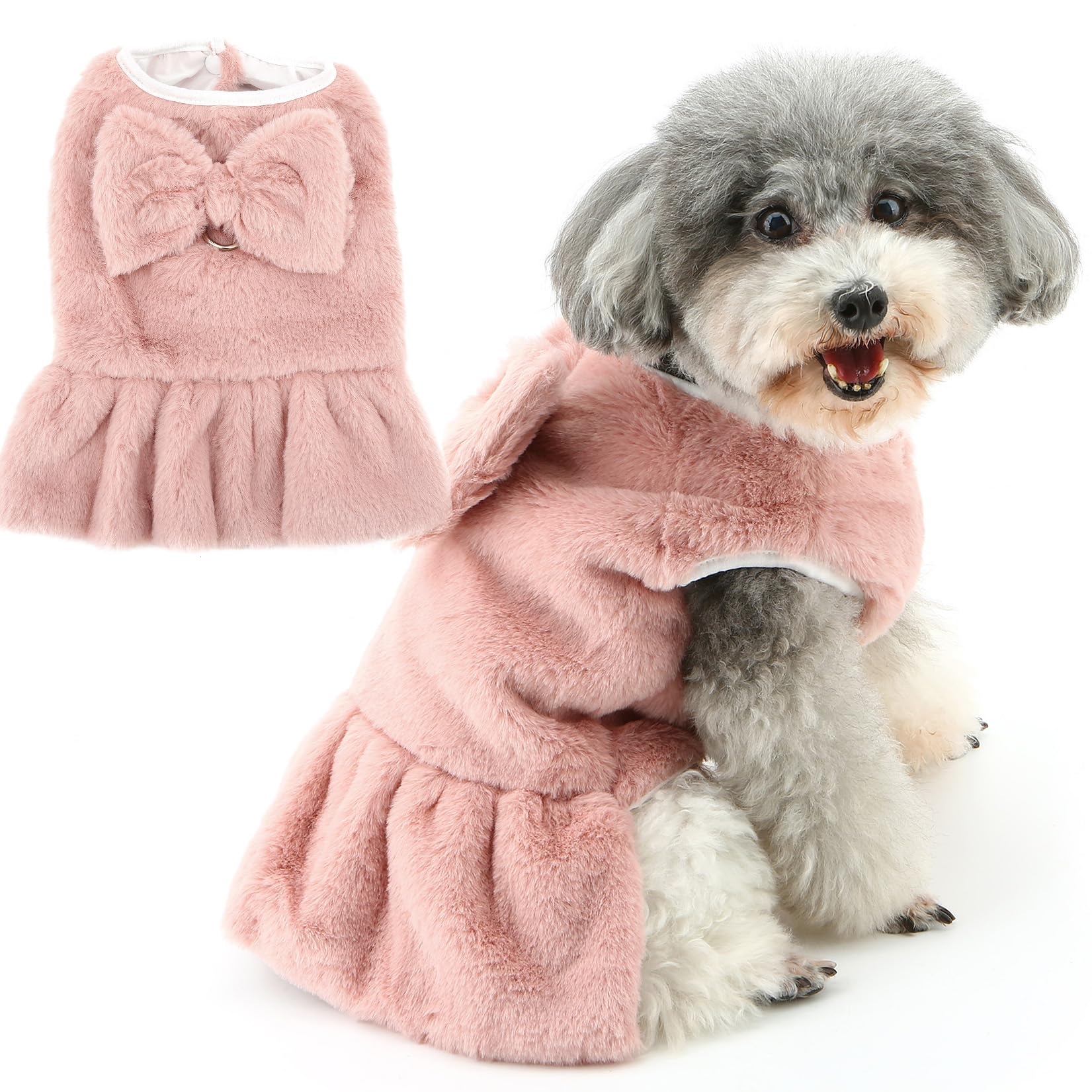 Zunea Winter Dog Dresses for Small Dogs Female Puppy Sweater Princess Dresses with Leash Ring Warm Fleece Cold Weather Dog Dress Cute Bow Knot Fuzzy