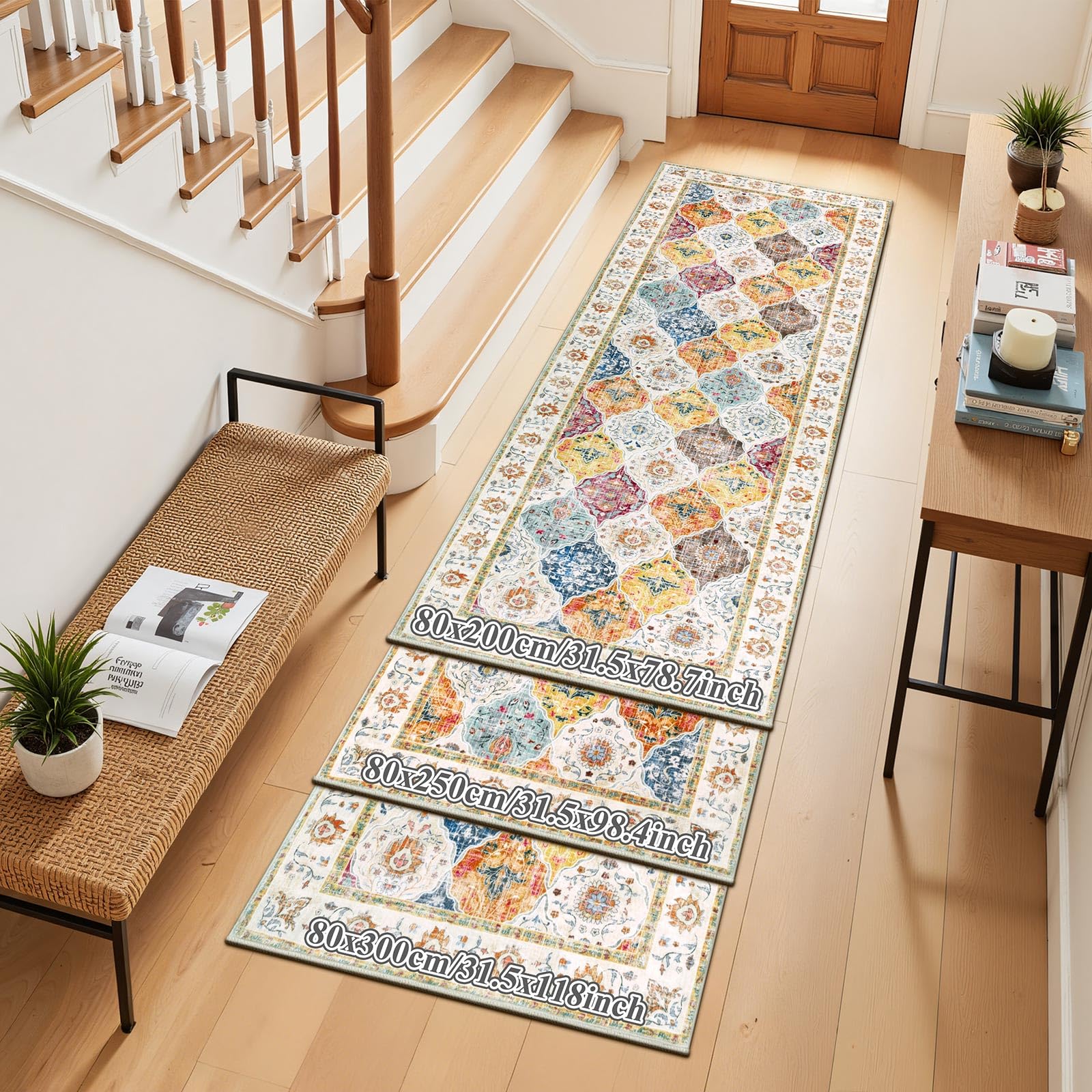 SHACOS Tapis de couloir antidérapant, lavable, style bohème, long, pour couloir, entrée, chambre à coucher, salon, multicolore, 80 x 300 cm
