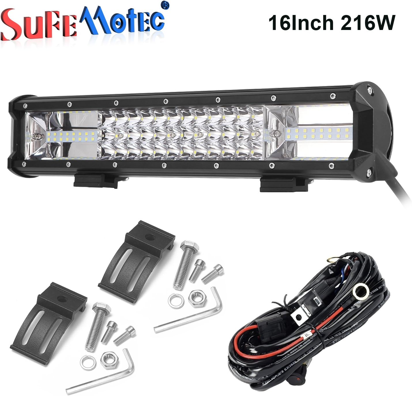 SUFEMOTEC16 Inch Triple Row LED Light Bar 216W for Offroad 4x4 4WD Atv Uaz Trucks Boat SUV Driving Motorcycle Light Truck LED Work Lights Auto Lamp 12V 24V Free High Power Wire Harness Kit