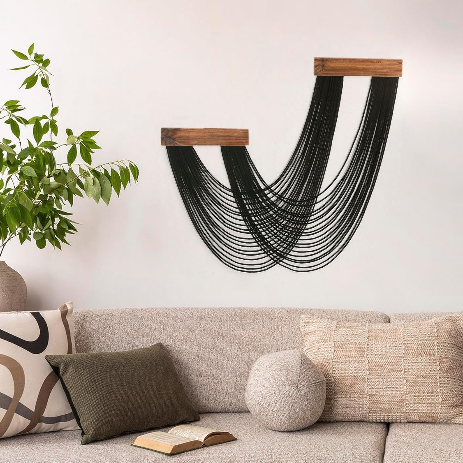 LB Black Macrame Wall Hanging, Boho Tapestry Wall Hanging Macrame Wall Art Handmade Yarn Woven Wall Art Modern Home Decor Headboard Wall Decor for Bedroom Living Room Dorm Nursery, 12x25 Inch