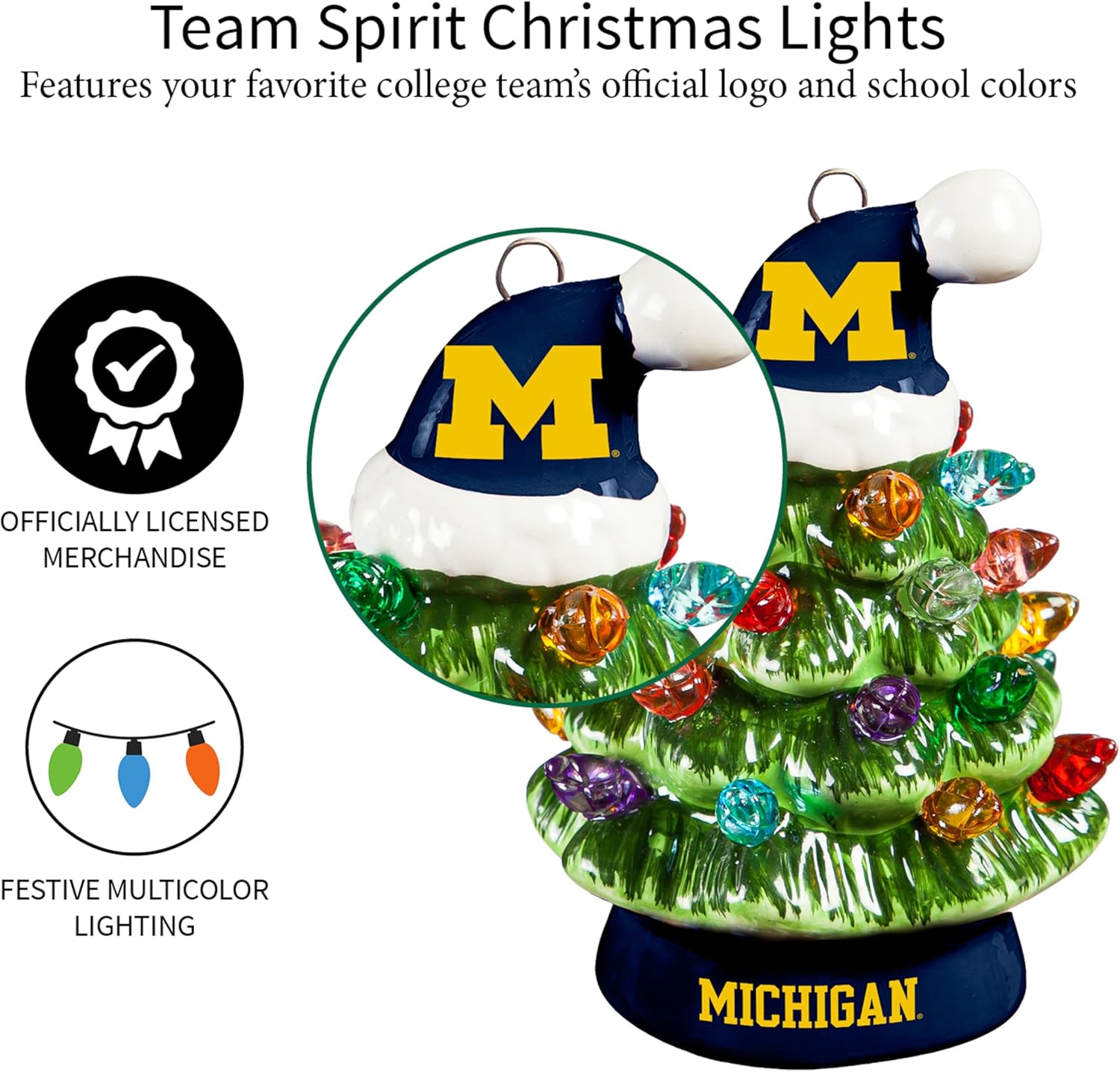 NCAA University of Michigan Set of 2 Mini LED Ceramic Christmas Trees That Light Up, 4" Vintage Christmas Tree with Officially Licensed Team Logo, Christmas Tabletop Decorations for Home