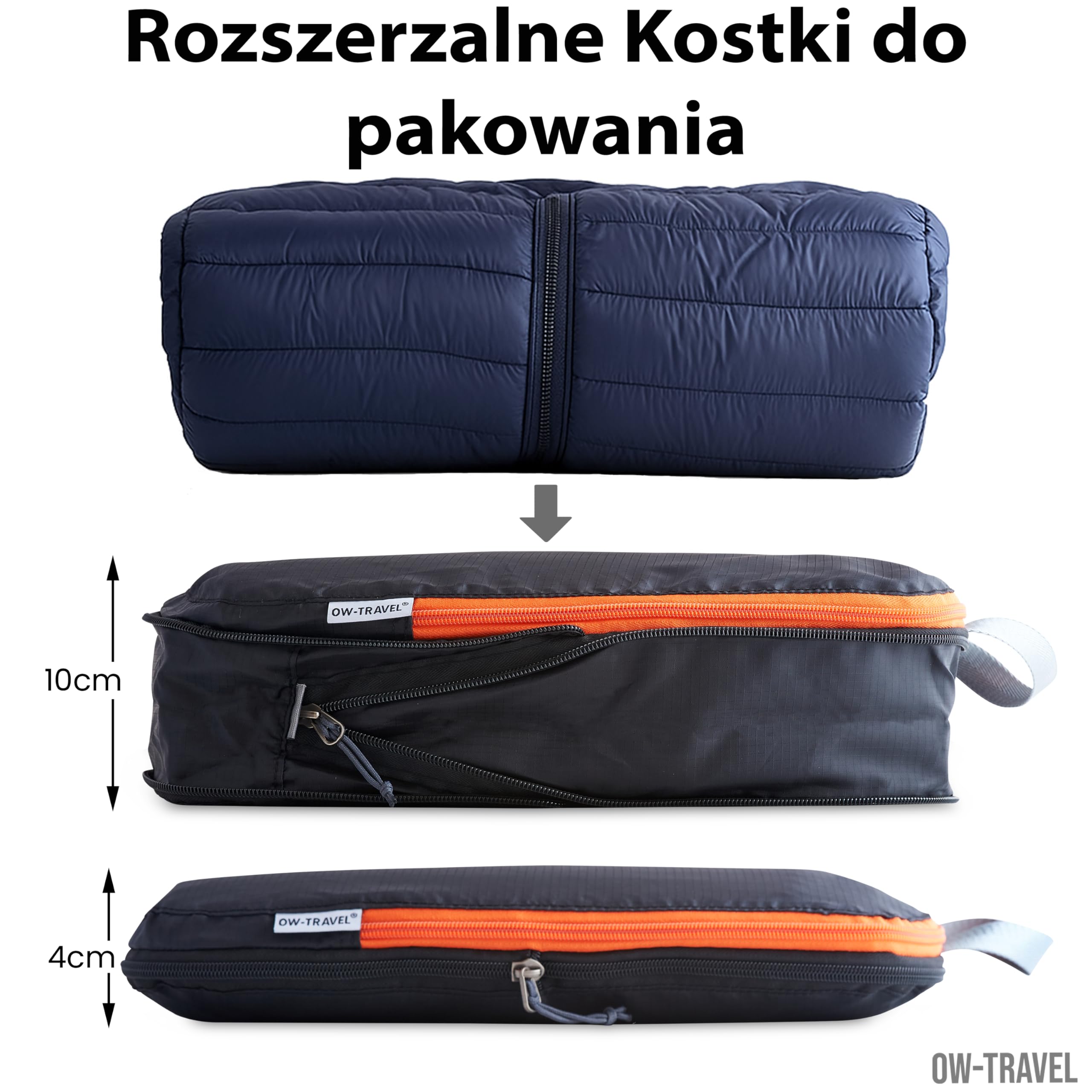 OW-Travel Łatwe do Zorganizowania Kompresyjne Kostki do Pakowania Walizek. 4 Średnie Kostki Podróżne do Torby Plecaka Bagażu. Akcesoria Podróżne Niezbędne na Wakacje. 4 szt. C Zarny