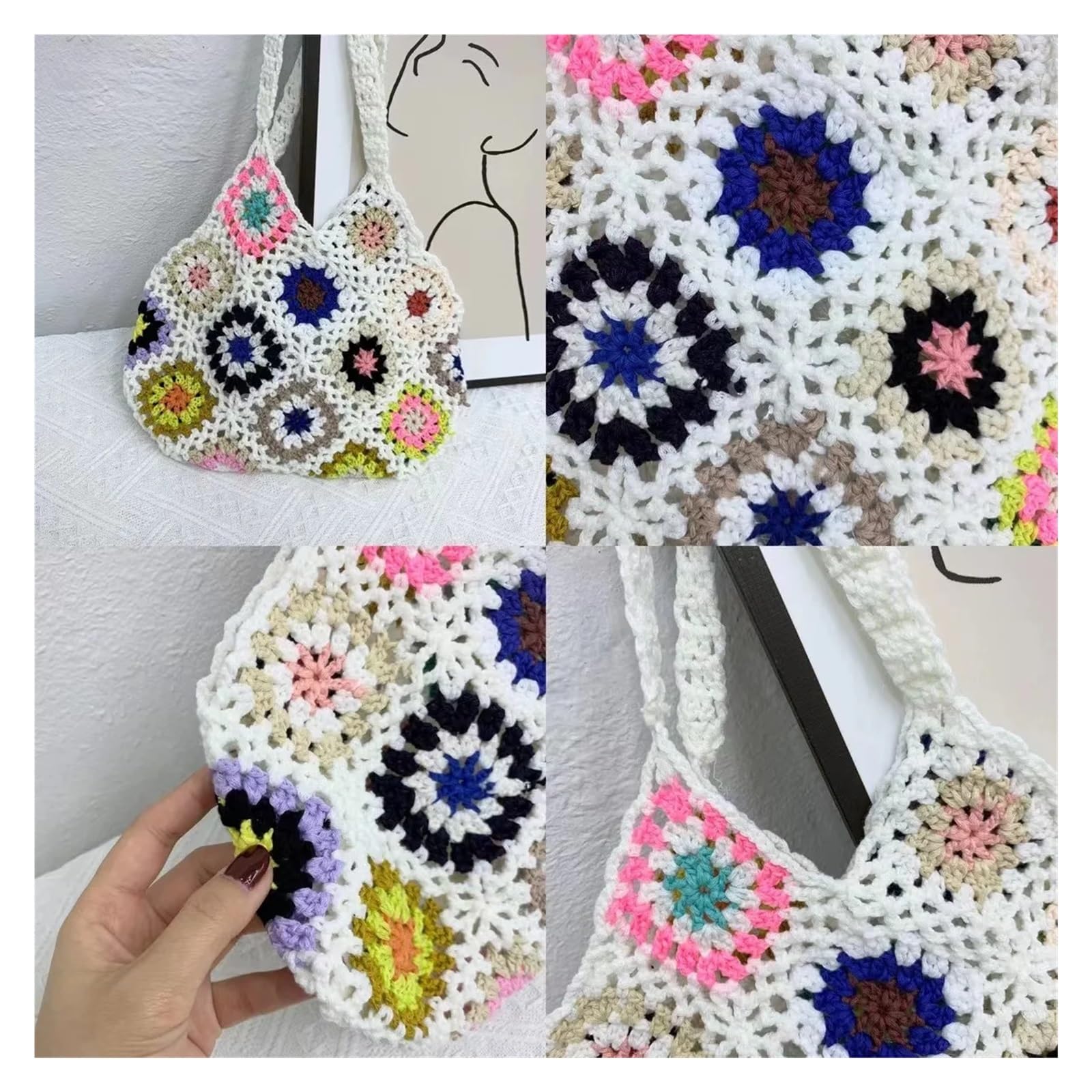 Bolso con Flores de Punto Bolso de mano for mujer con flores ganchillo peso pesado, estilo étnico, color rosa, tejido a