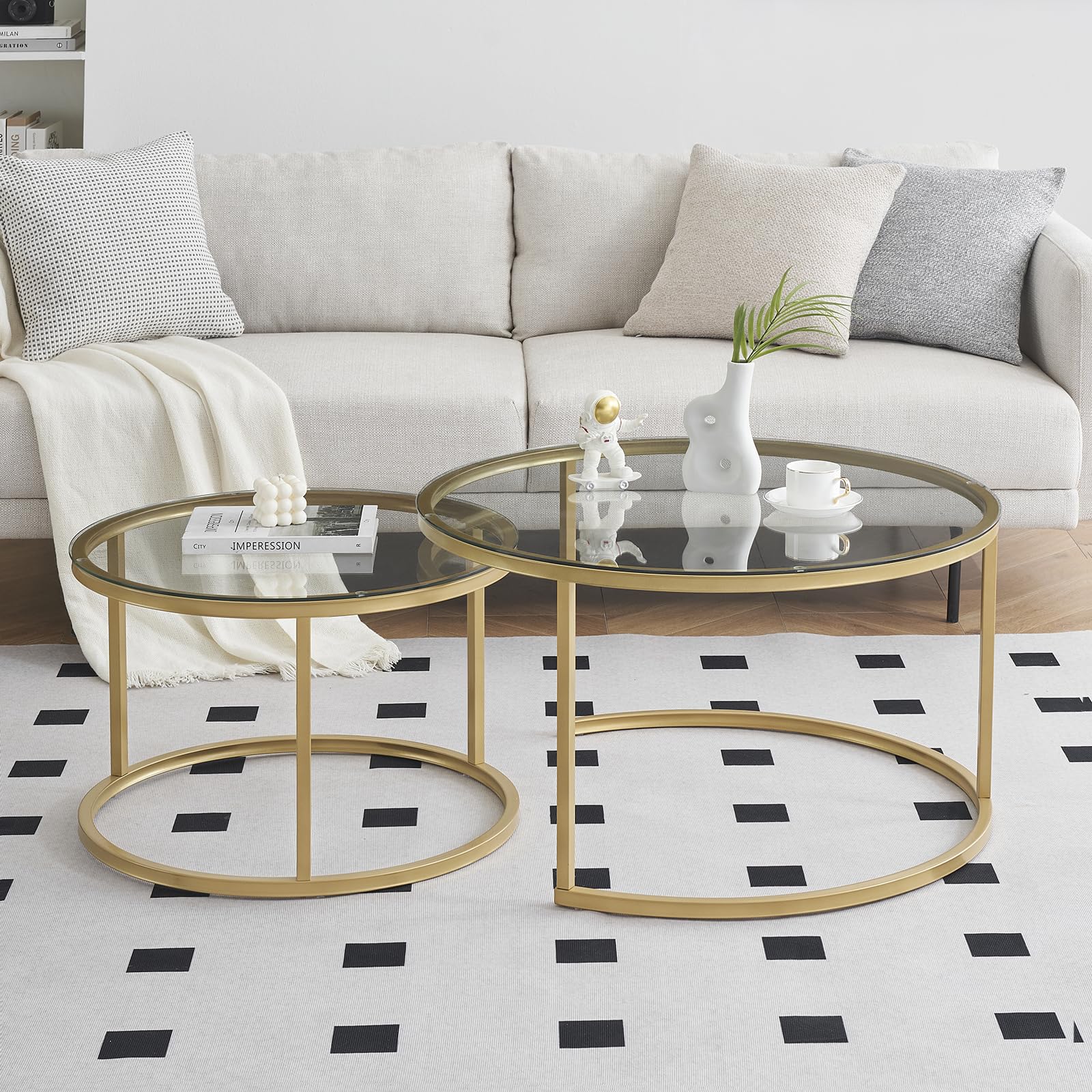 Mesas de centro doradas, mesa de café de cristal con estructura metálica dorada, juego de 2 unidades, mesa de salón redonda, mesa de salón, mesa para el sofá, 80 x 80 x 45 y 60 x 60 x 35 cm