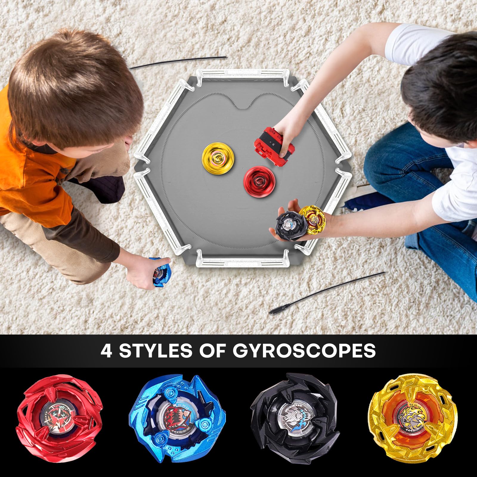 Gyro X - Juego de batalla para estadios, 4 tapas giratorias, 2 lanzadores y arena con riel de aceleración X, juguetes para niños, ideales para regalo de cumpleaños para niños, 6 años en adelante (gris 7