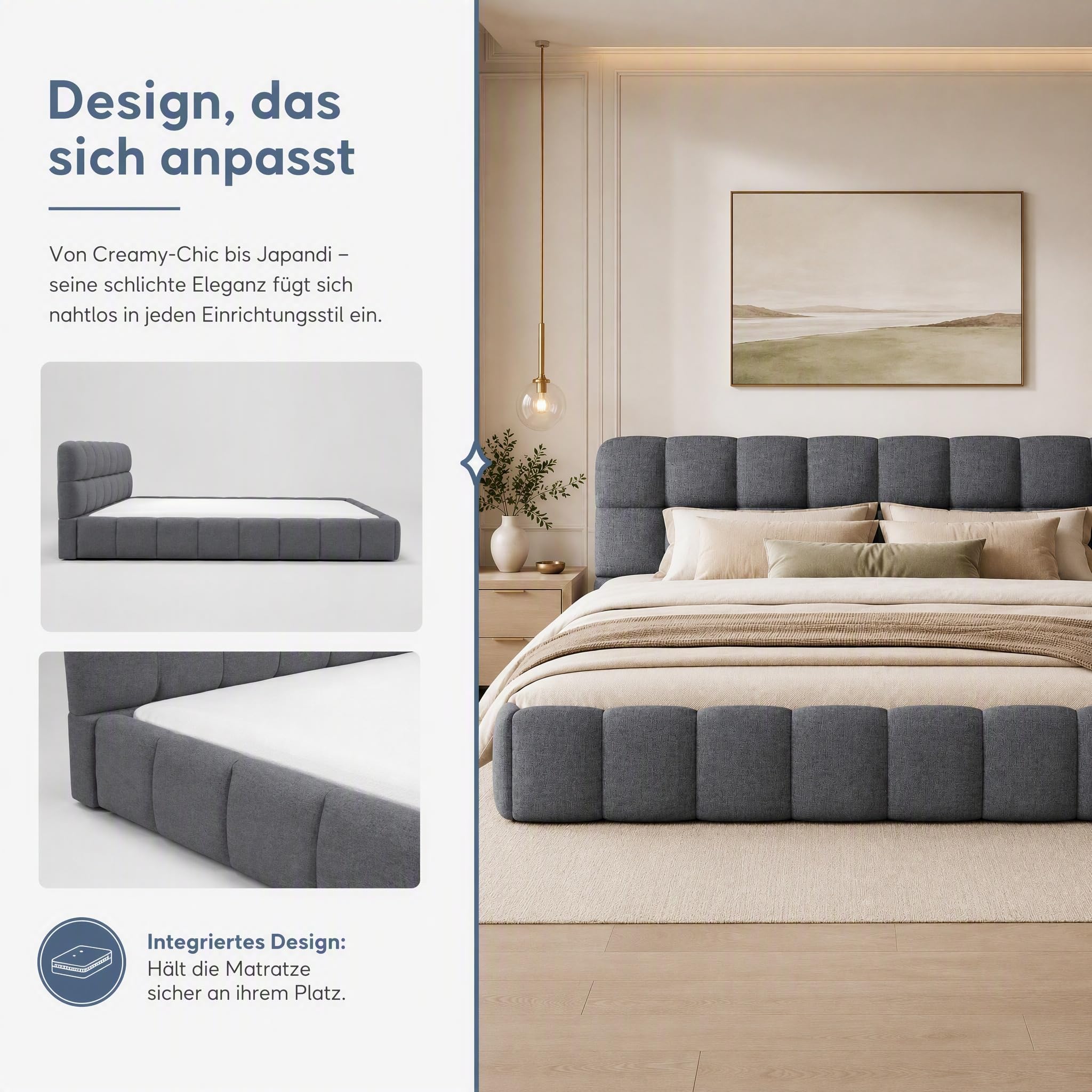 Cama acolchada de 140 x 190 cm, cama de matrimonio acolchada de tela con estructura de cama con cabecero y somier de láminas, cama de matrimonio para niños, respaldo suave y estructura acolchada (gris