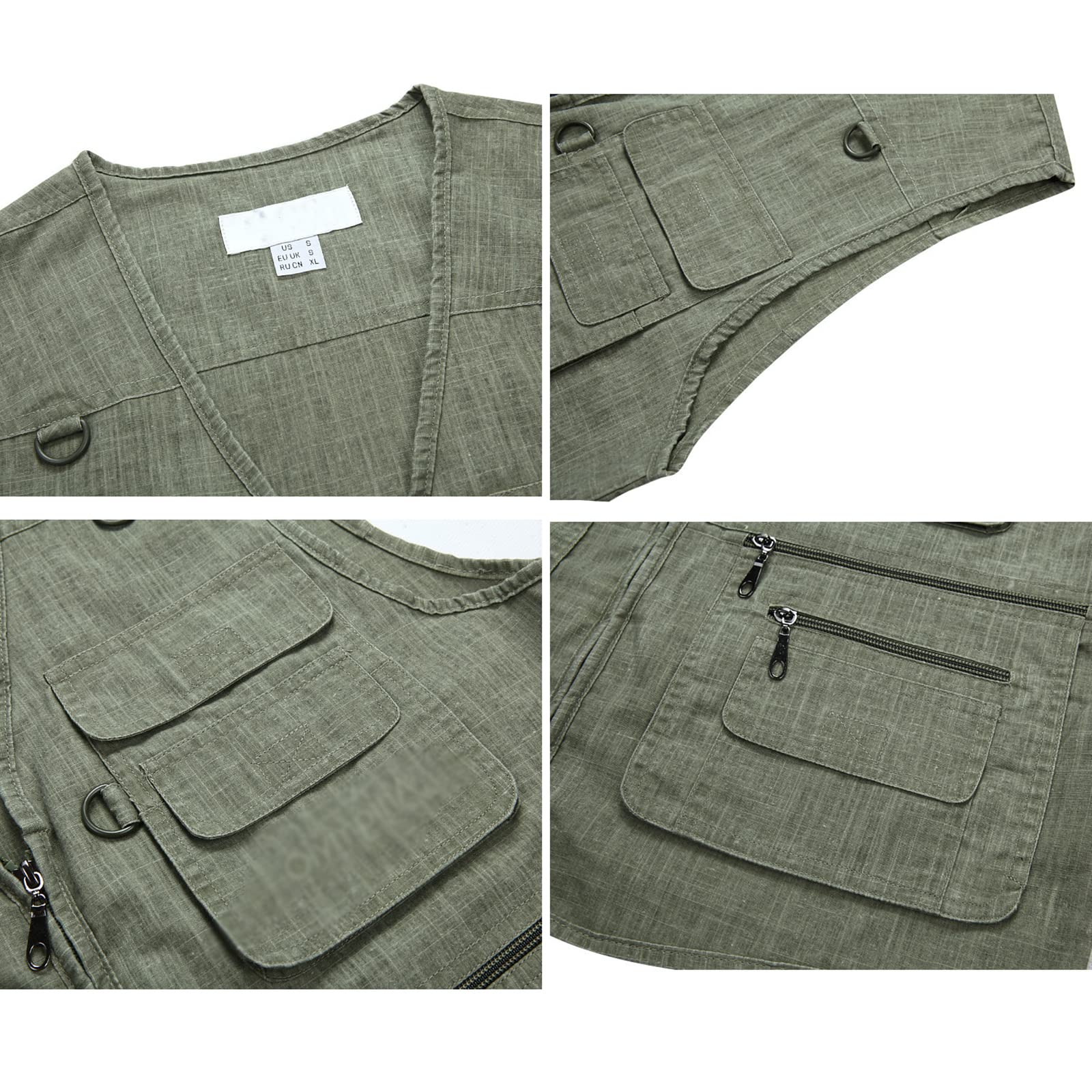 Hombres Chaleco de Pesca Algodón Multibolsillos Sin Mangas Chaleco de Fotografía Caza Camping(Size:5XL,Color:Verde)