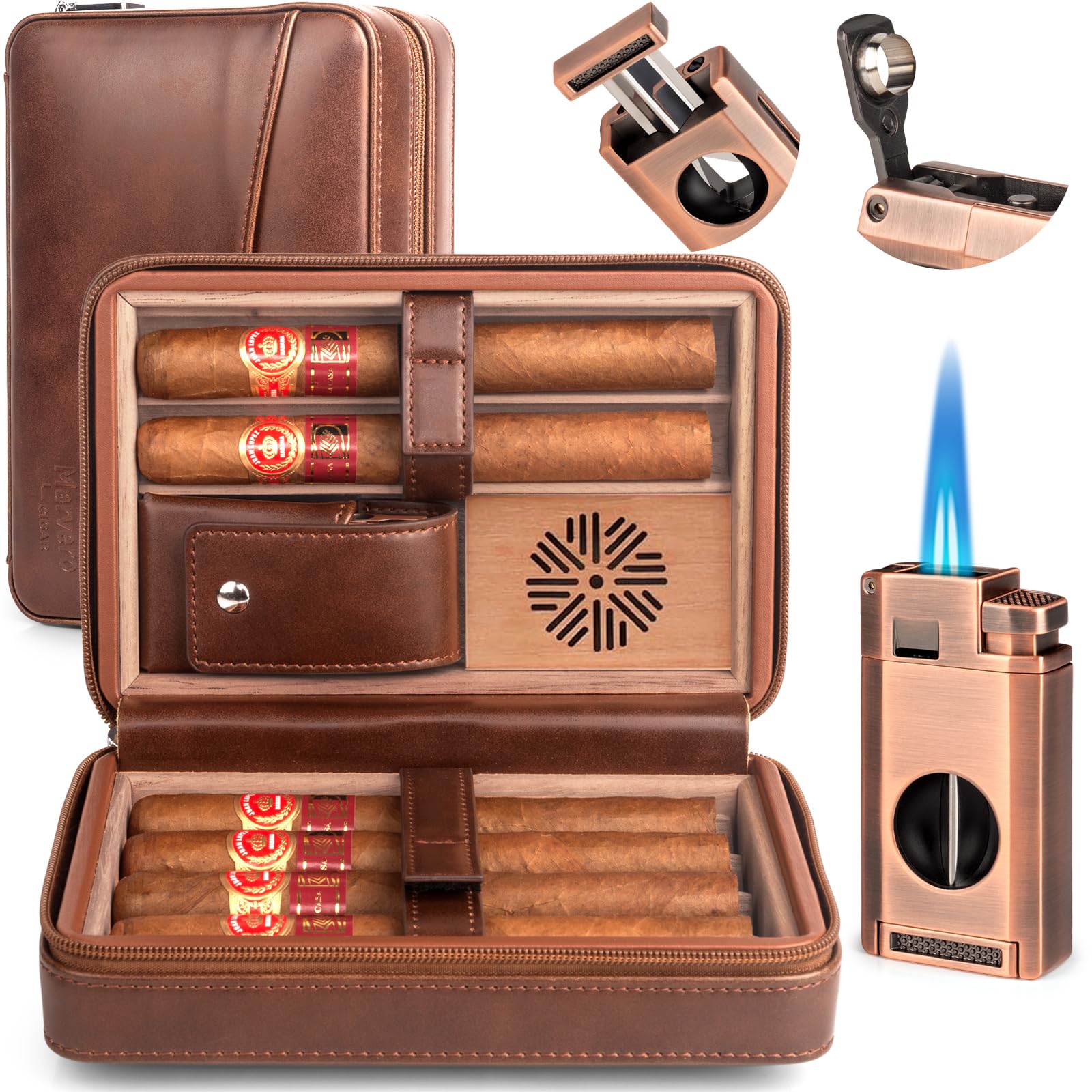 Humidor do cygar, skórzana obudowa na cygara z drewna cedrowego, skórzana obudowa na cygara do podróży z zapalniczką do cygar, nawilżaczem, nożyczkami do cygar, dziurkowaniem do cygar 3-w-1 |