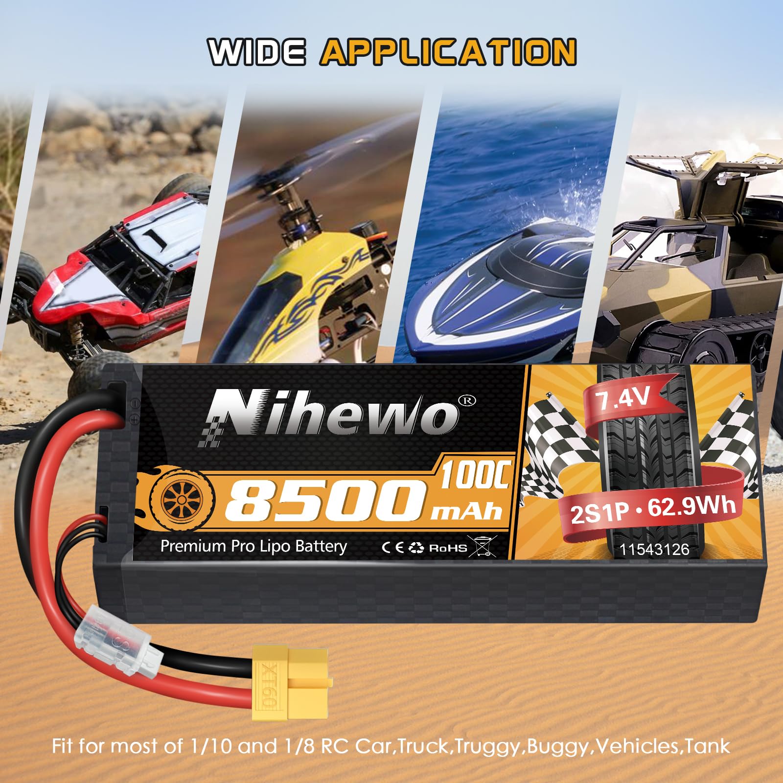 7,4V LiPo Akku 2S 8500mAh 100C Hardcase XT60 für RC Fahrzeuge 2Stück | 8500mAh 7,4V RC Akku 100C Hardcase XT60-Stecker kompatibel mit Arrma Axial 1/8 1/10 RC Auto LKW Buggy Drohne Boot Modellen