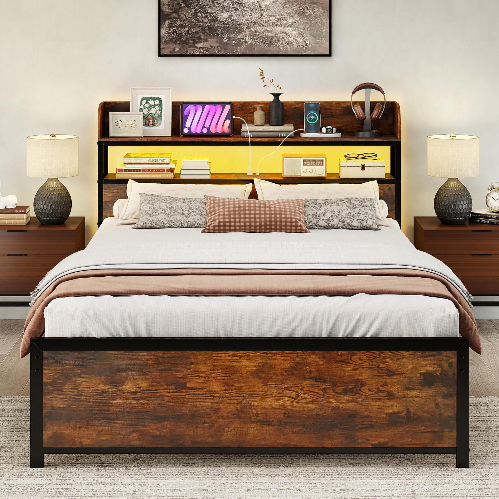 COSTWAY Double Bed Frame with RGB LED Lights, Charging Station, Storage Headboard and Underbed Space, 4FT6 Industrial Steel Slats Support Metal Platform Bed Base Mattress Foundation, Rustic Brown