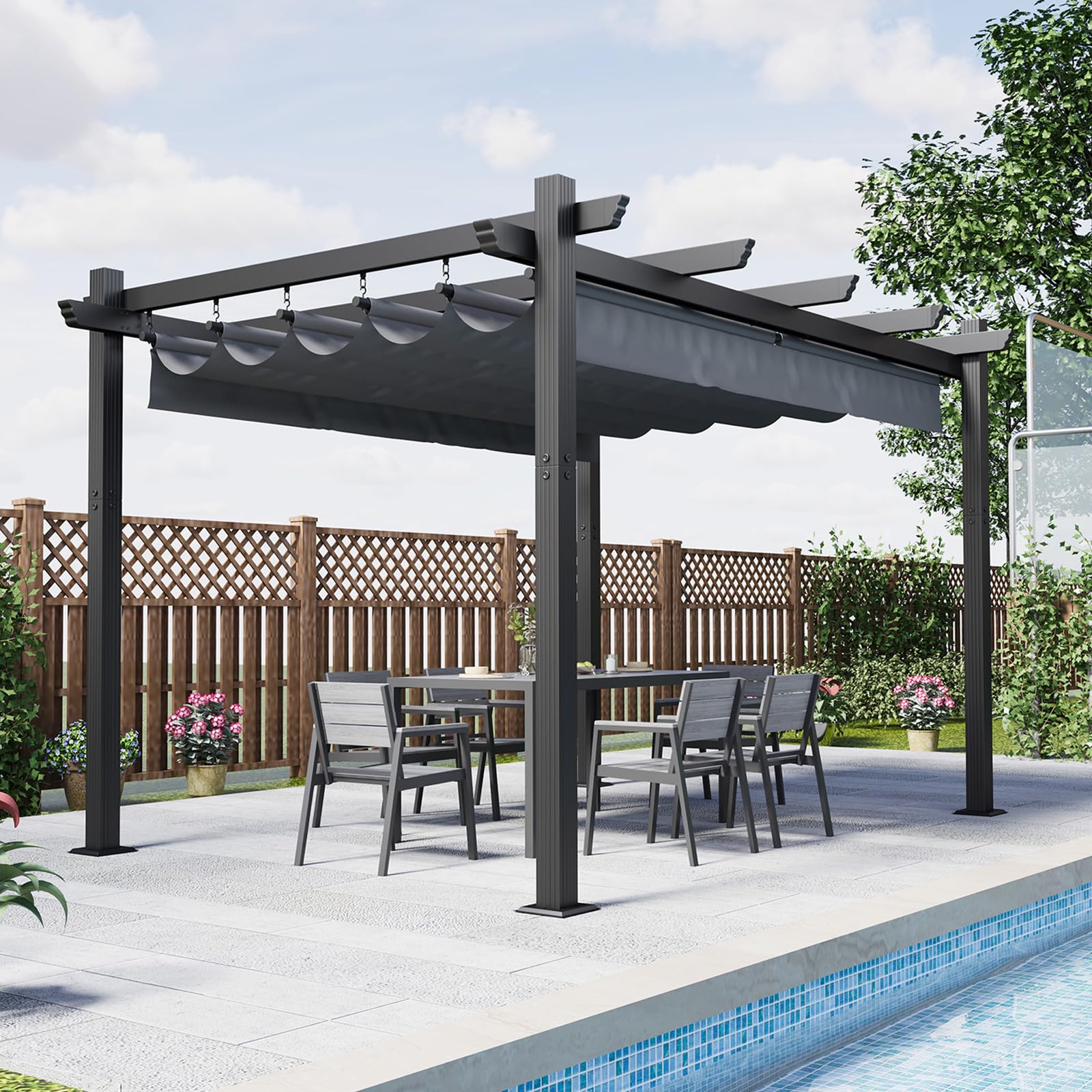 Devoko Aluminium Pergola mit Schiebedach, Verstellbarer Schattenfläche, UV-Schutz 50+, Pavillon 3x4 wasserdicht stabil Winterfest, Grillpavillon Metall für Gärten und Terrassen, Grau.