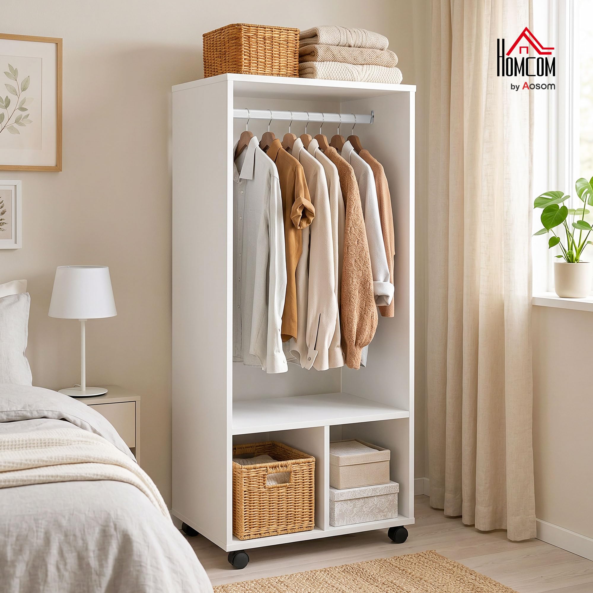 HOMCOM Armario Ropero con Ruedas Armario para Ropa con Barra Estantes Abiertos Organizador para Colgar Ropa de Dormitorio 60x40x128 cm Blanco