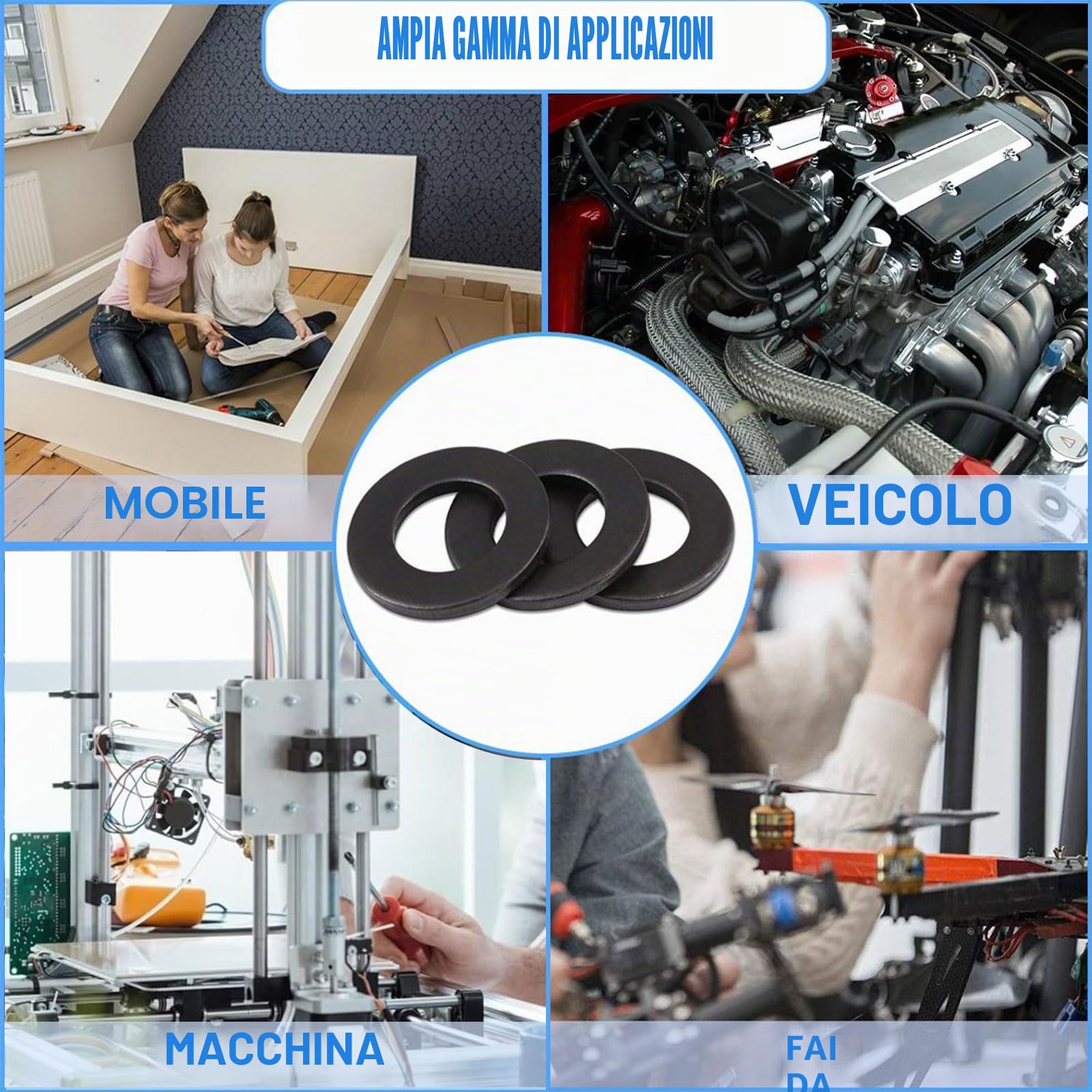 500 Pezzi Rondelle in Nylon, Rondella Piatta Plastica Assortimento Kit, Rondelle di Tenuta Circolare Isolante, Nero, M2/M2.5/M3/M4/M5/M6/M8/M10, per Fissaggi Guarnizioni Rondella