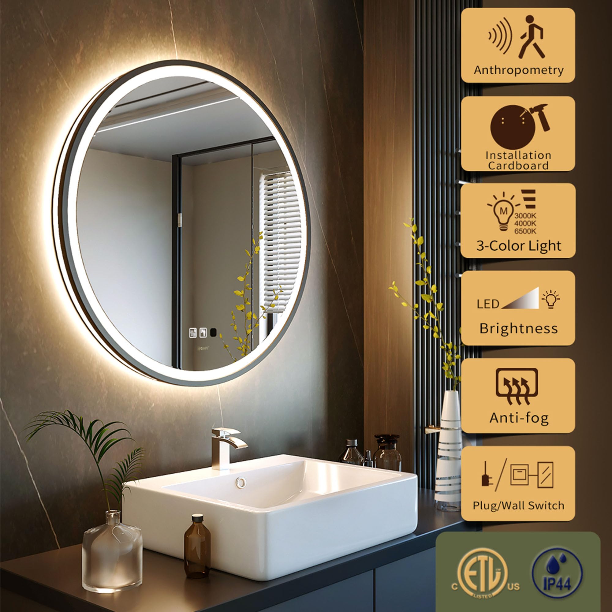 GANPE Miroir de courtoisie Rond à capteur LED, avec éclairage à intensité Variable, Anti-buée, étanche IP44, pour Salle de Bain (Noir, 70L x 70l cm)