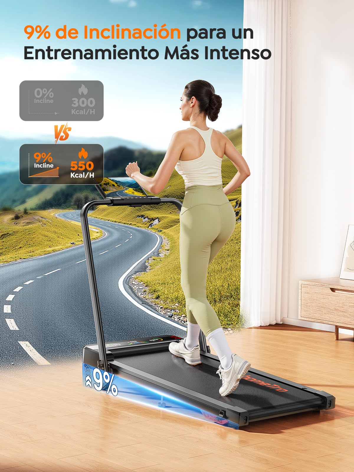 HOMETRO Cinta de Correr y Andar Plegable, Cinta Eléctrica 5 en 1 con 9% Inclinación Alta, 2.5HP (12 km/h), Walking Pad Inteligente con App y Bluetooth, Gym en Casa