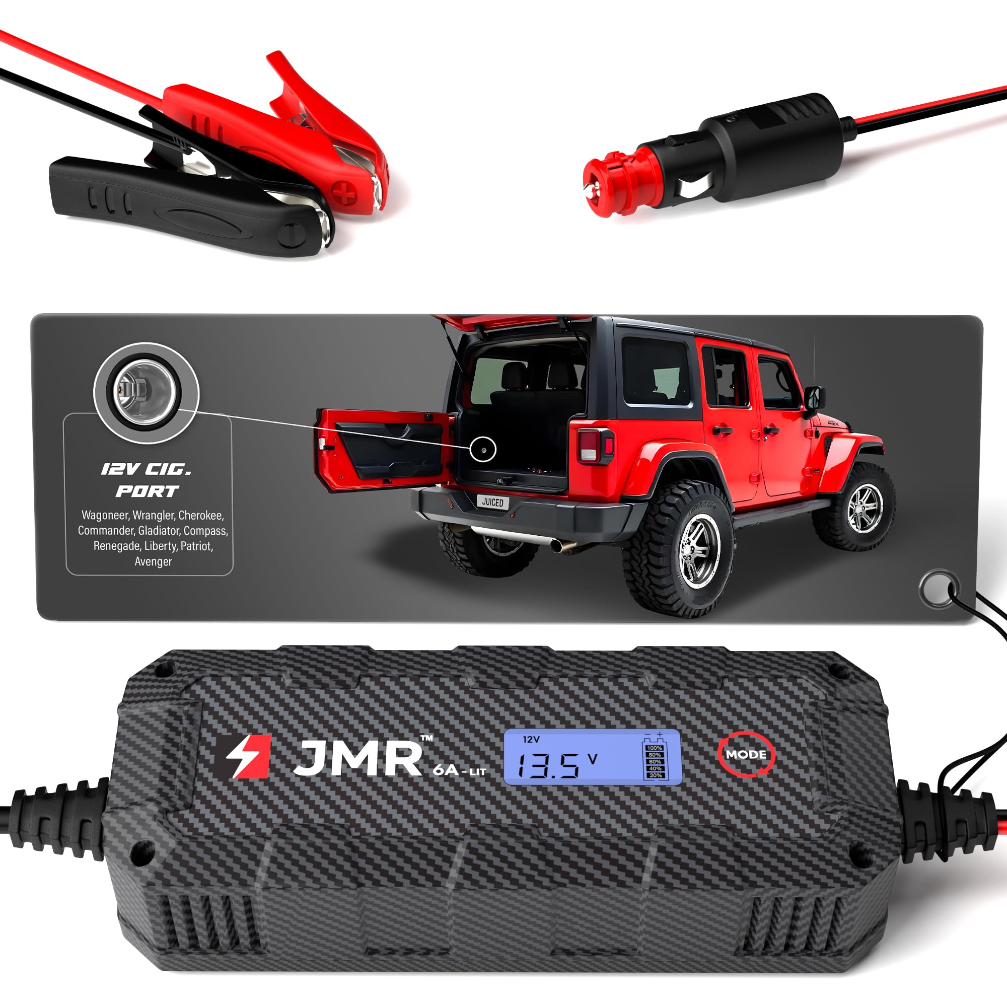 JMR Battery Charger for Jeep Wagoneer Wrangler Cherokee Commander Gladiator Compass Renegade Liberty Patriot All Models Trickle Charger Conditioner Maintainer (Add Lithium Mode)