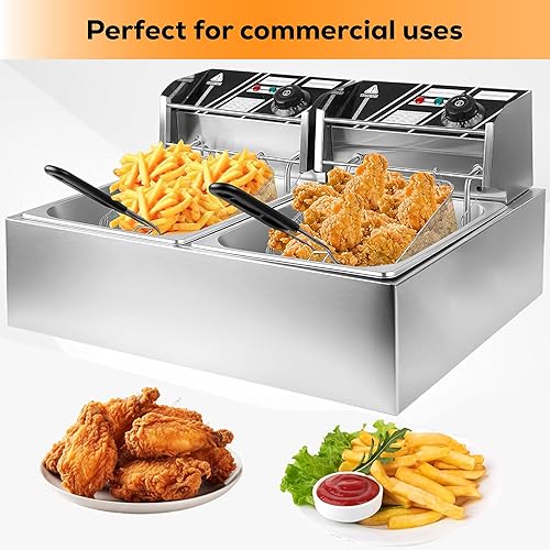 Miniatura 5 de Freidora eléctrica de 12 litros con cestas dobles y tapas, freidora comercial de acero inoxidable de doble tanque de 5000 W con control de