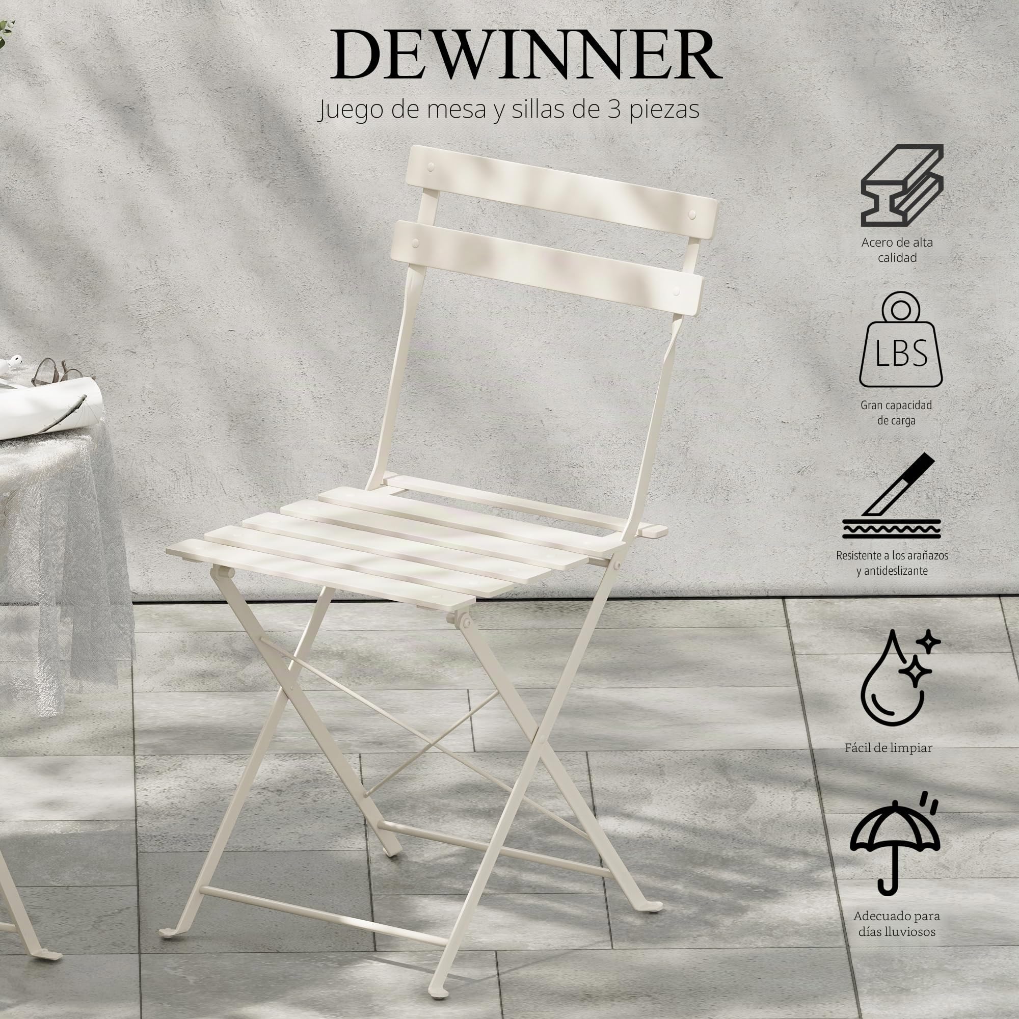 DEWINNER Conjunto de Mesa y sillas, Plegable, Conjunto de Mesa y sillas de jardín de Tres Piezas, 1 Mesa y 2 sillas, con Mantel Impermeable, Conjunto de Muebles de balcón