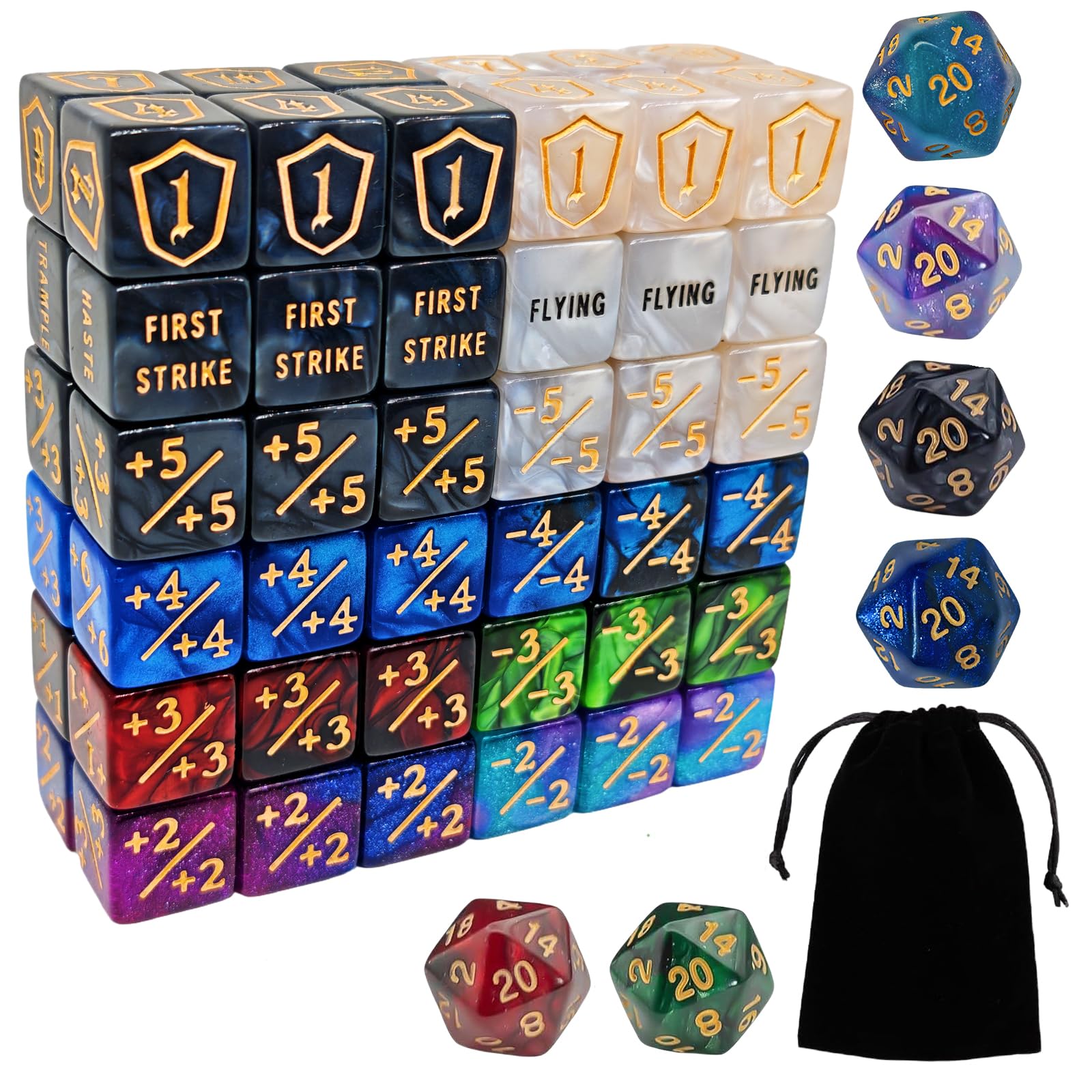 78 Stück MTG Würfel Zähler - AbilityKeyword Zähler, -1/+1 Lebenszähler, Schild Lebenszähler, D6 Würfel, Kompatibel mit MTG, Kartenspiel Zubehör (Inklusive Schwarzer Tasche)